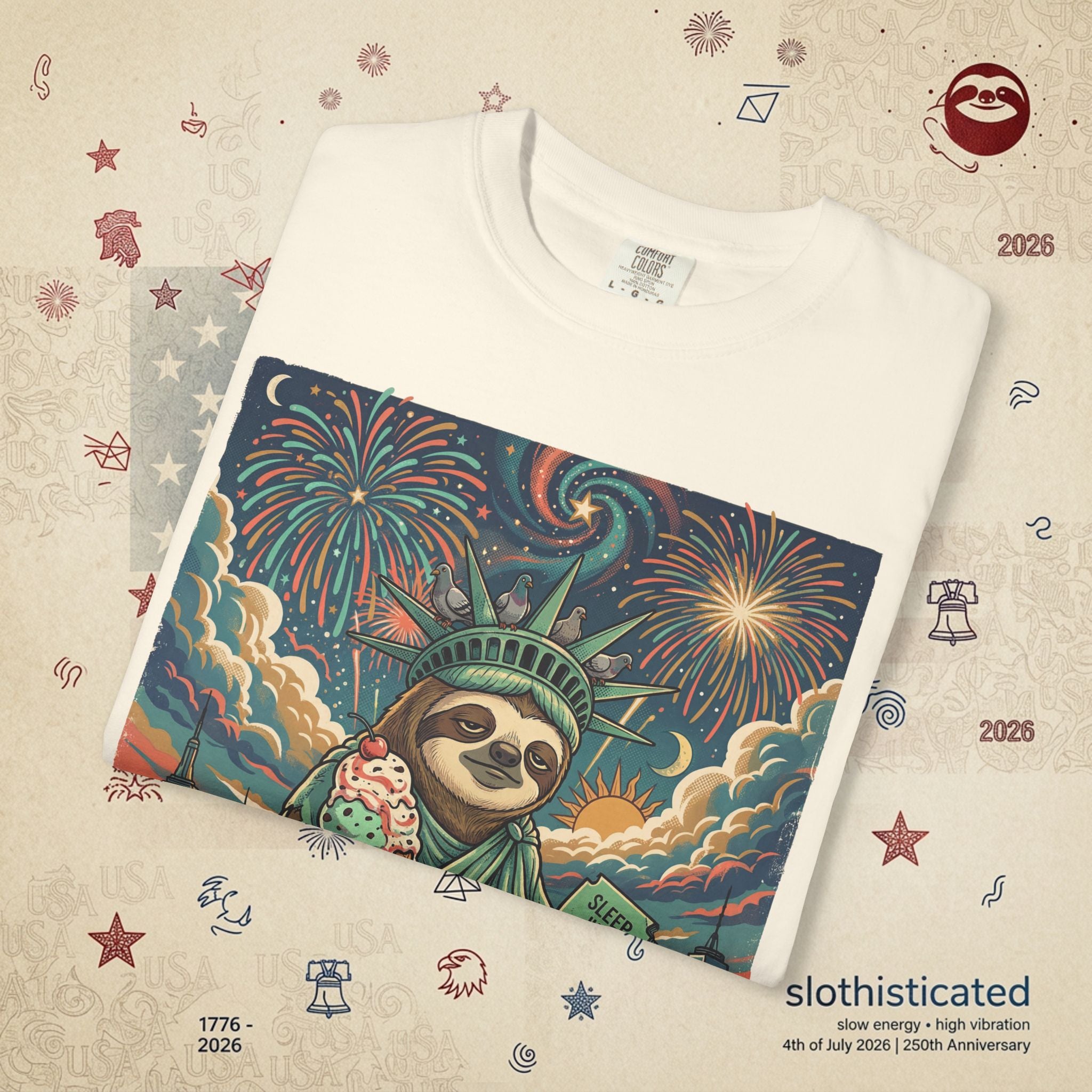The Colossus — Liberty Sloth Statue Fireworks T-Shirt