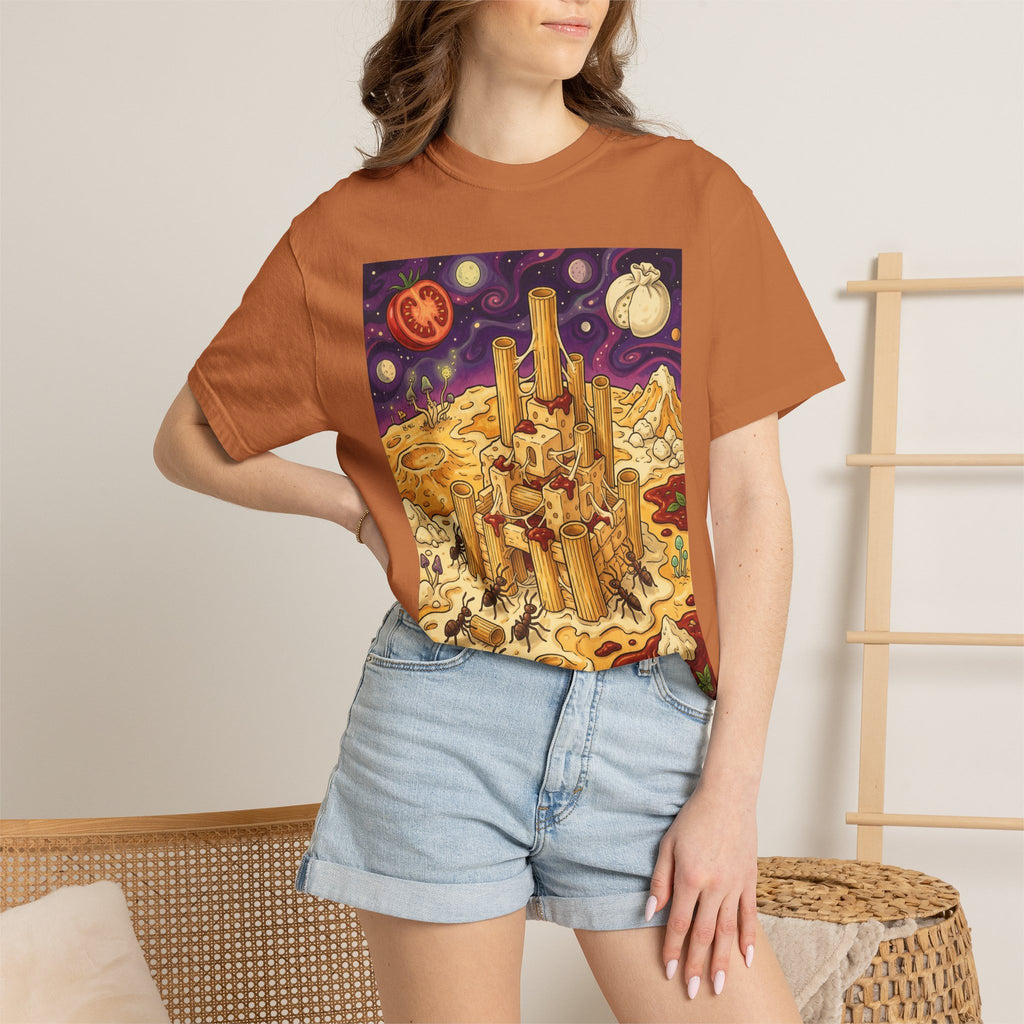 The Pasta Citadel — Funny Pasta Castle Tee · Surreal Foodie Art