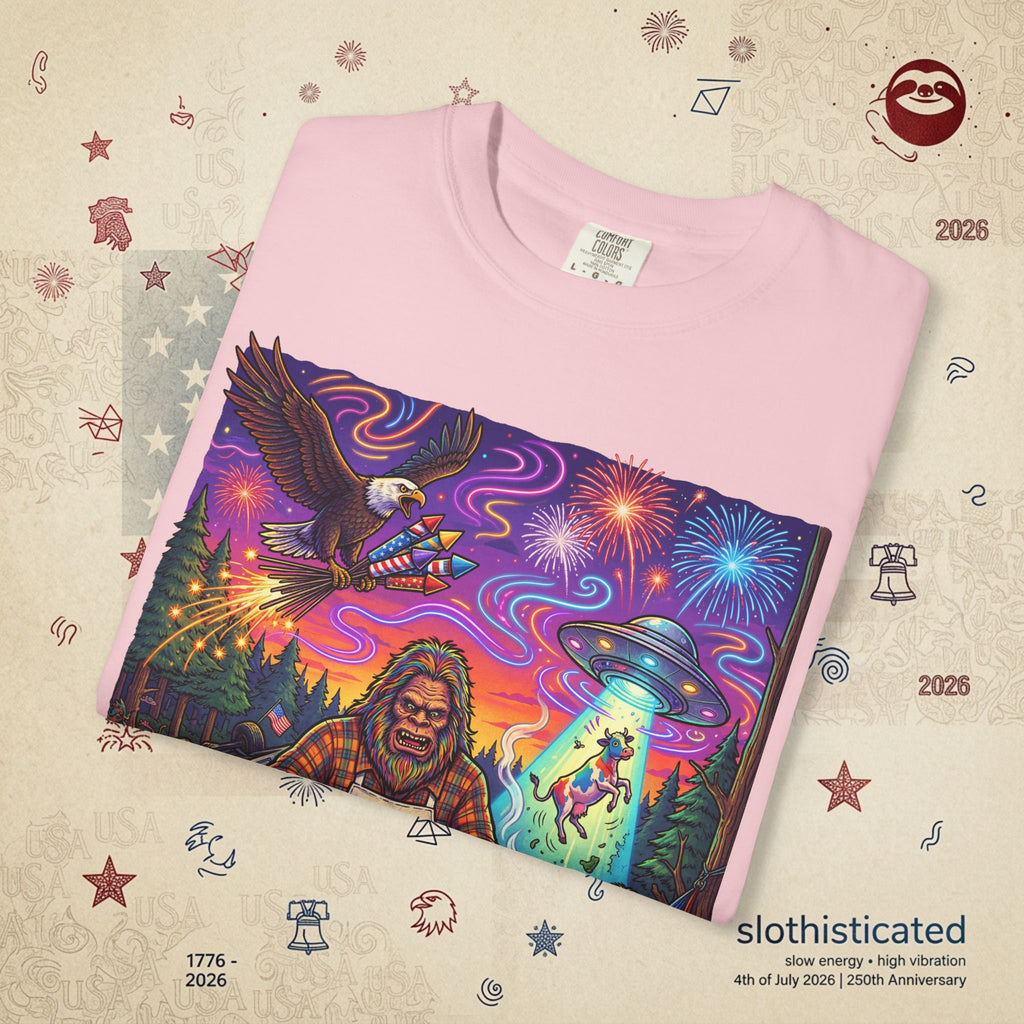 The Visitation — Psychedelic Sasquatch 4th of July BBQ UFO T-Shirt