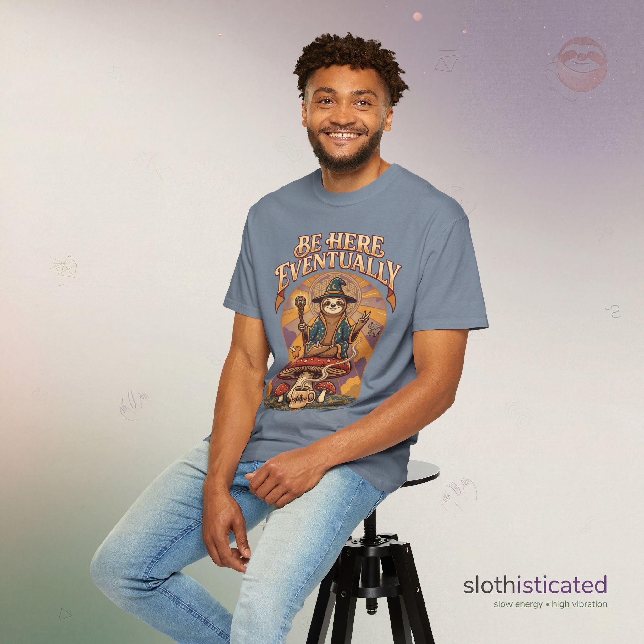 Be Here Eventually Sloth Graphic T-Shirt — Retro Meditation Tee