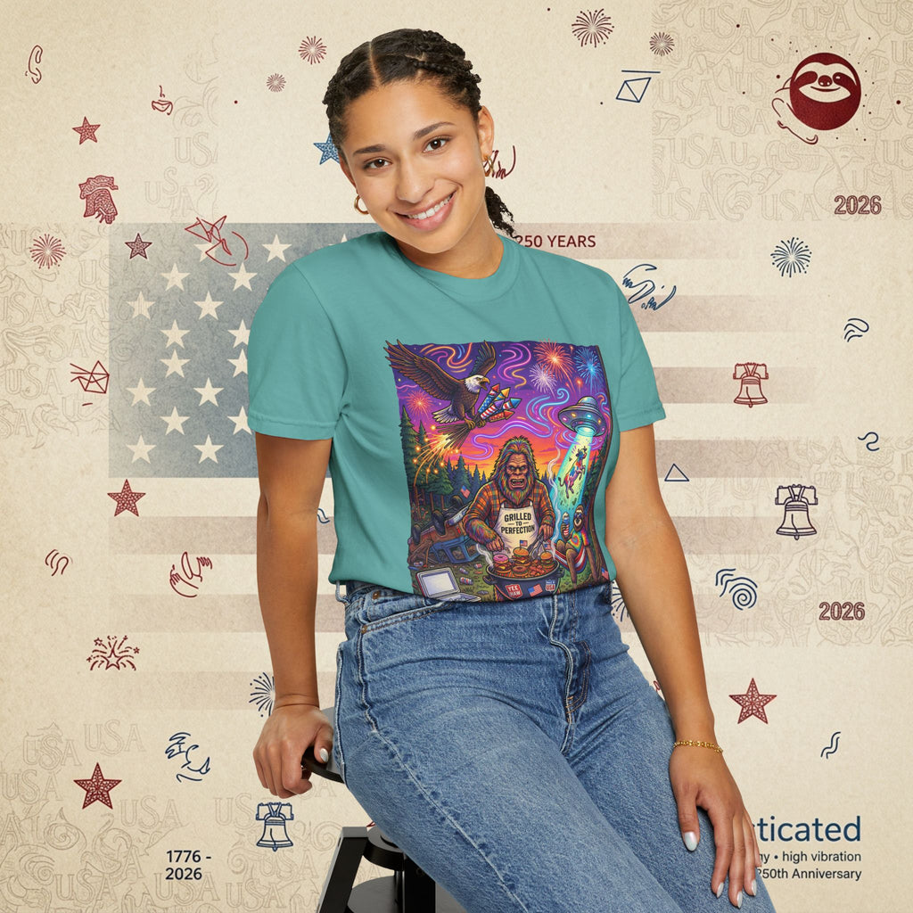 The Visitation — Psychedelic Sasquatch 4th of July BBQ UFO T-Shirt