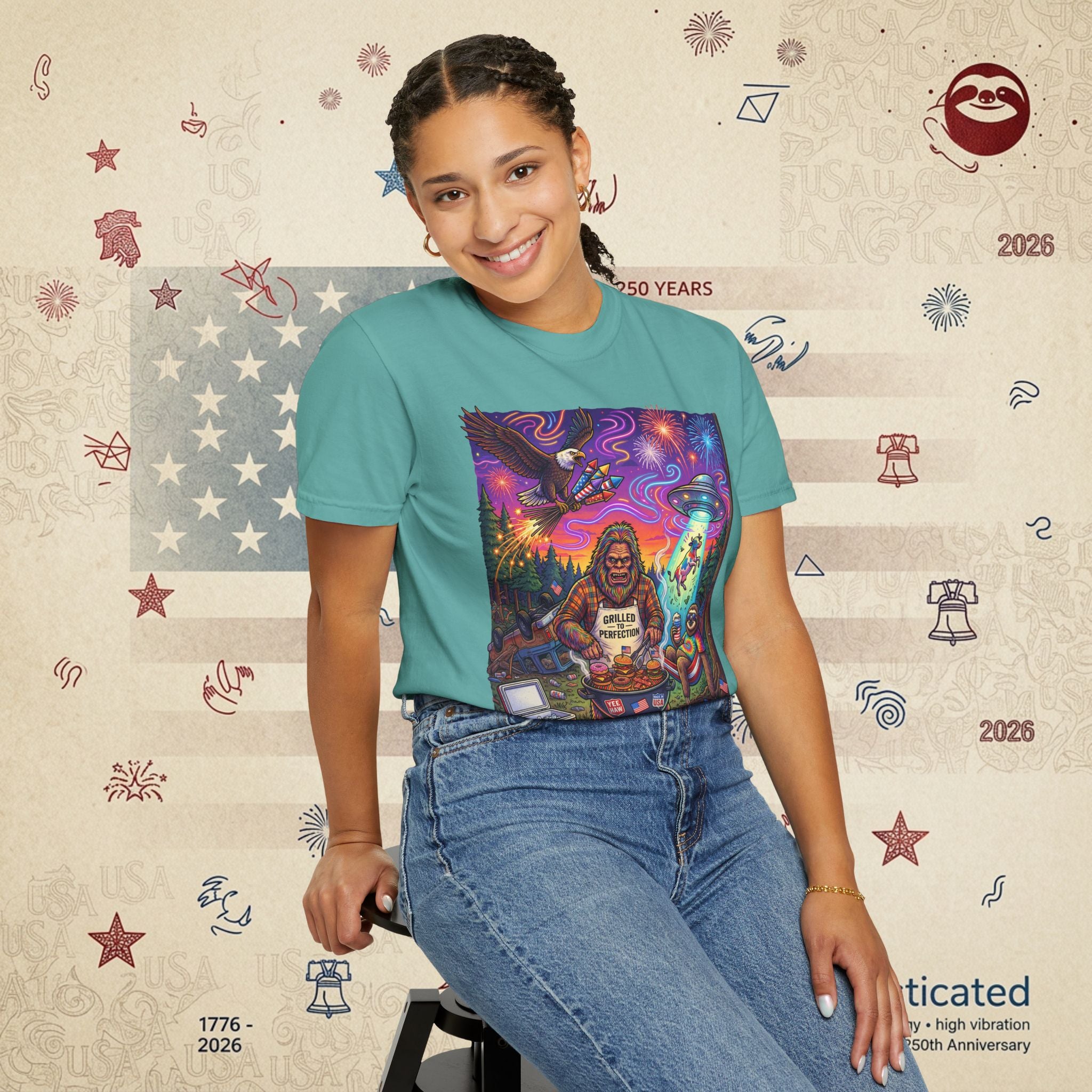 The Visitation — Psychedelic Sasquatch 4th of July BBQ UFO T-Shirt