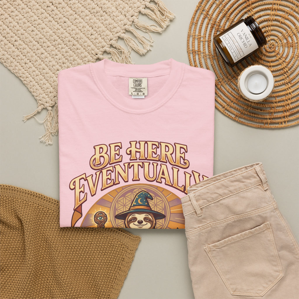 Be Here Eventually Sloth Graphic T-Shirt — Retro Meditation Tee