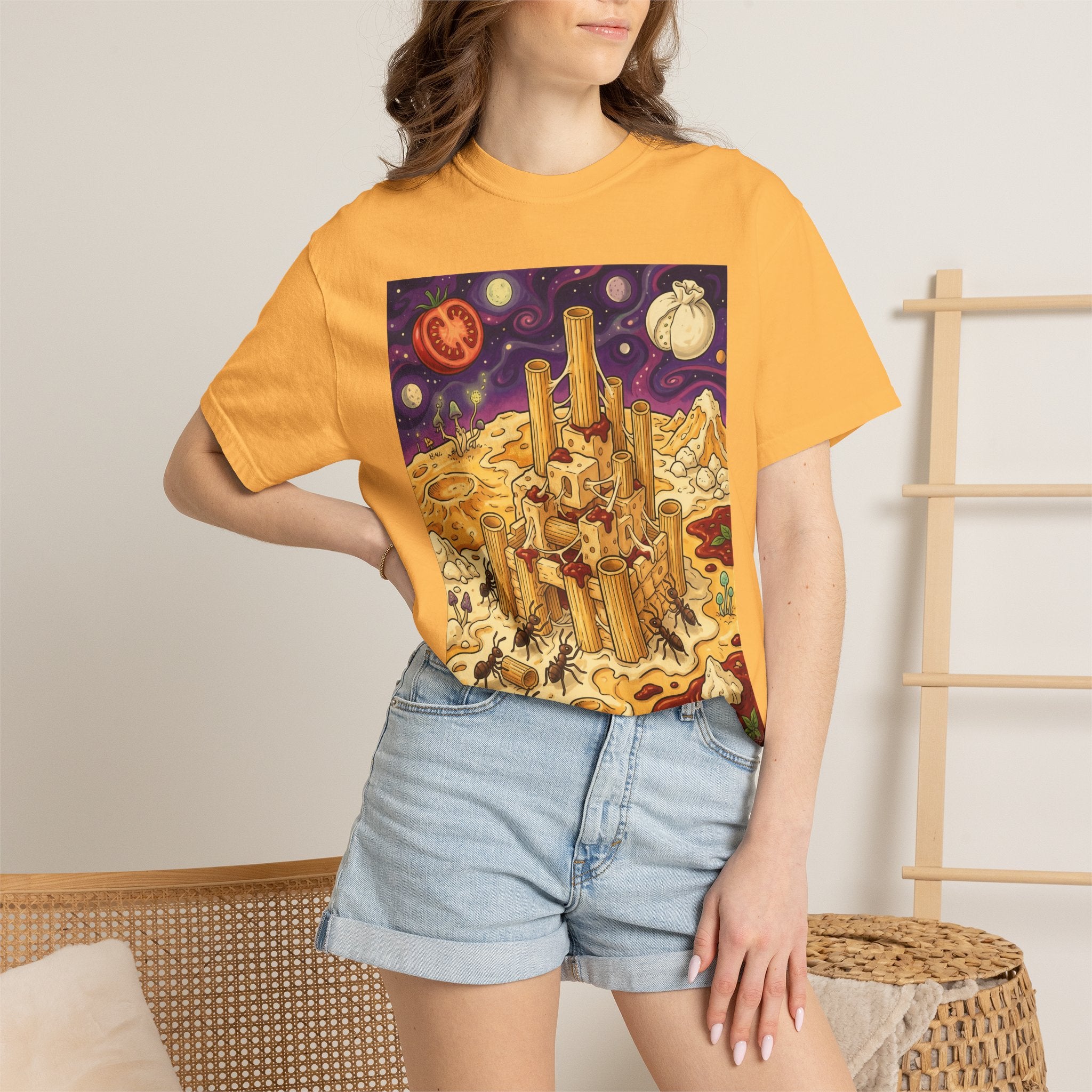 The Pasta Citadel — Funny Pasta Castle Tee · Surreal Foodie Art