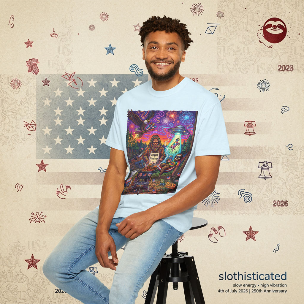 The Visitation — Psychedelic Sasquatch 4th of July BBQ UFO T-Shirt