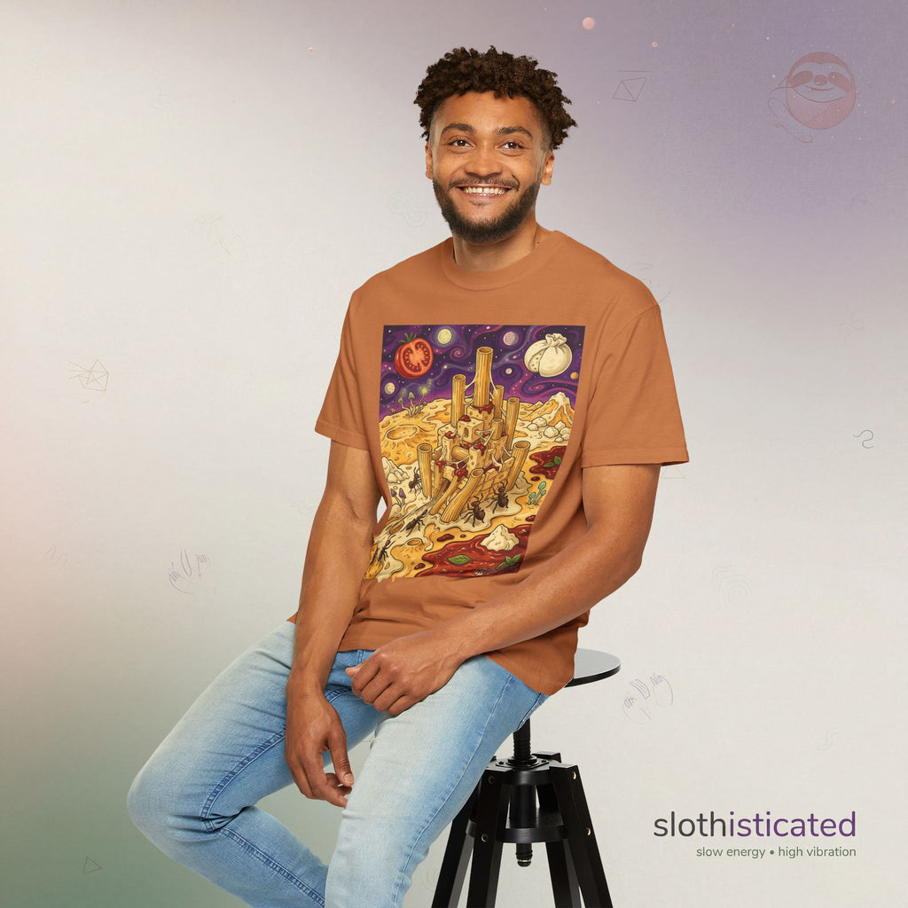The Pasta Citadel — Funny Pasta Castle Tee · Surreal Foodie Art