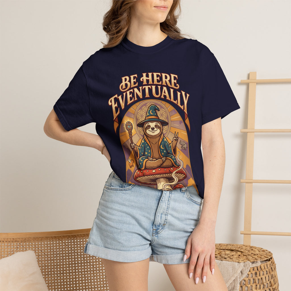 Be Here Eventually Sloth Graphic T-Shirt — Retro Meditation Tee