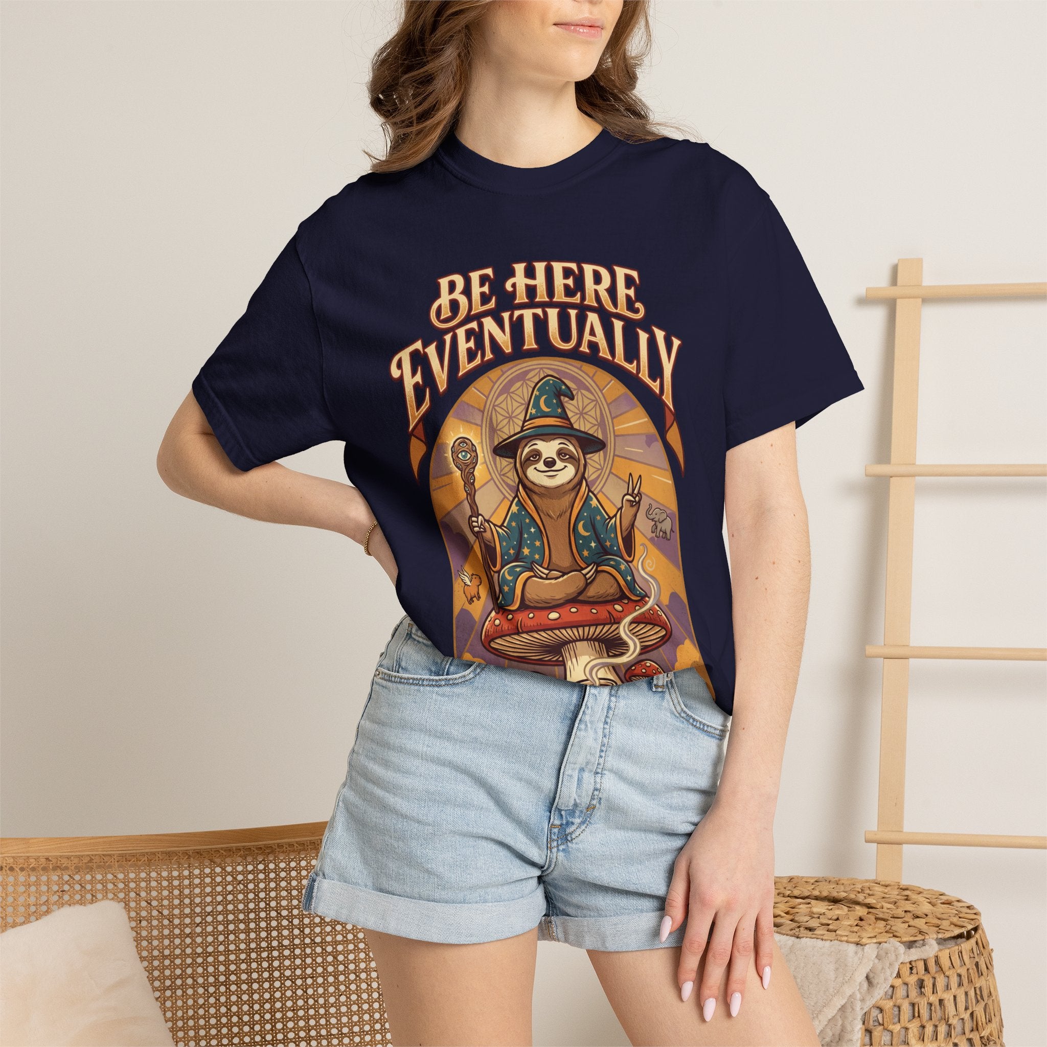 Be Here Eventually Sloth Graphic T-Shirt — Retro Meditation Tee