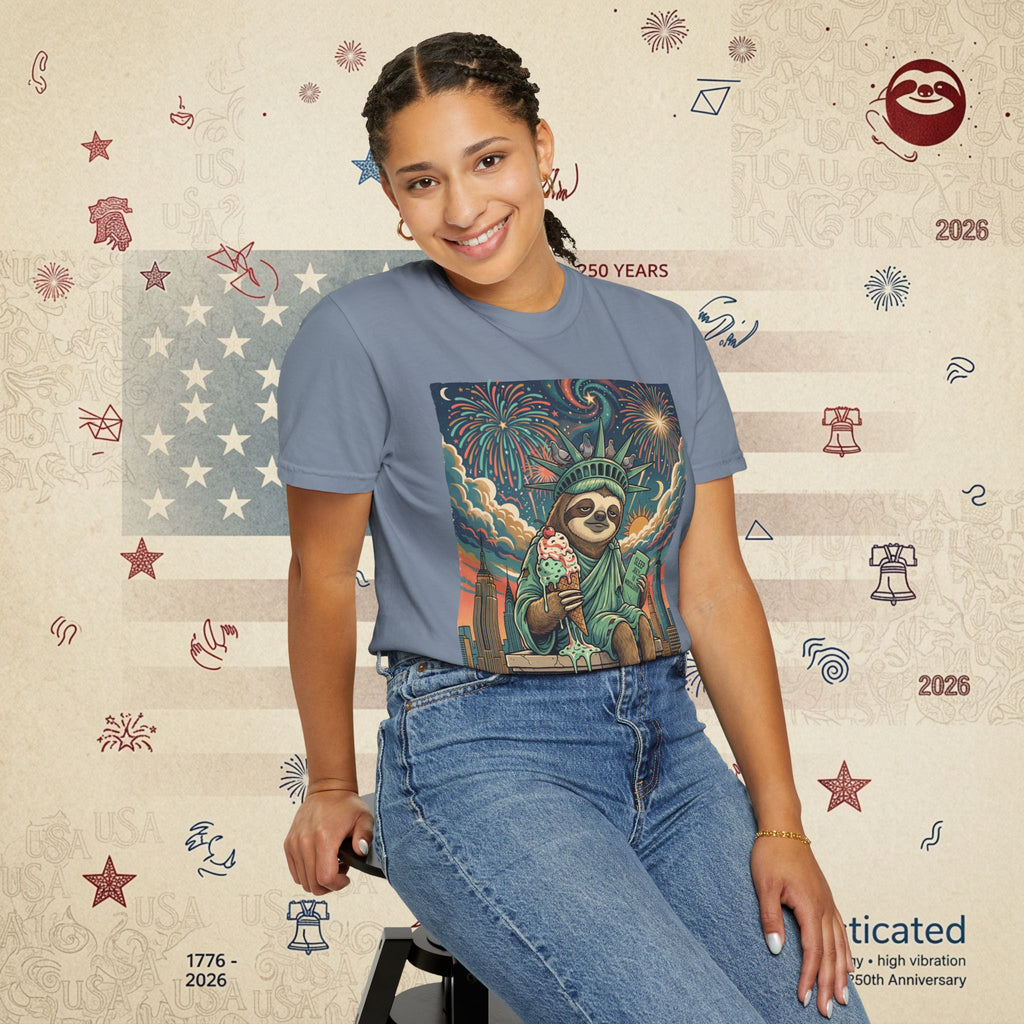 The Colossus — Liberty Sloth Statue Fireworks T-Shirt