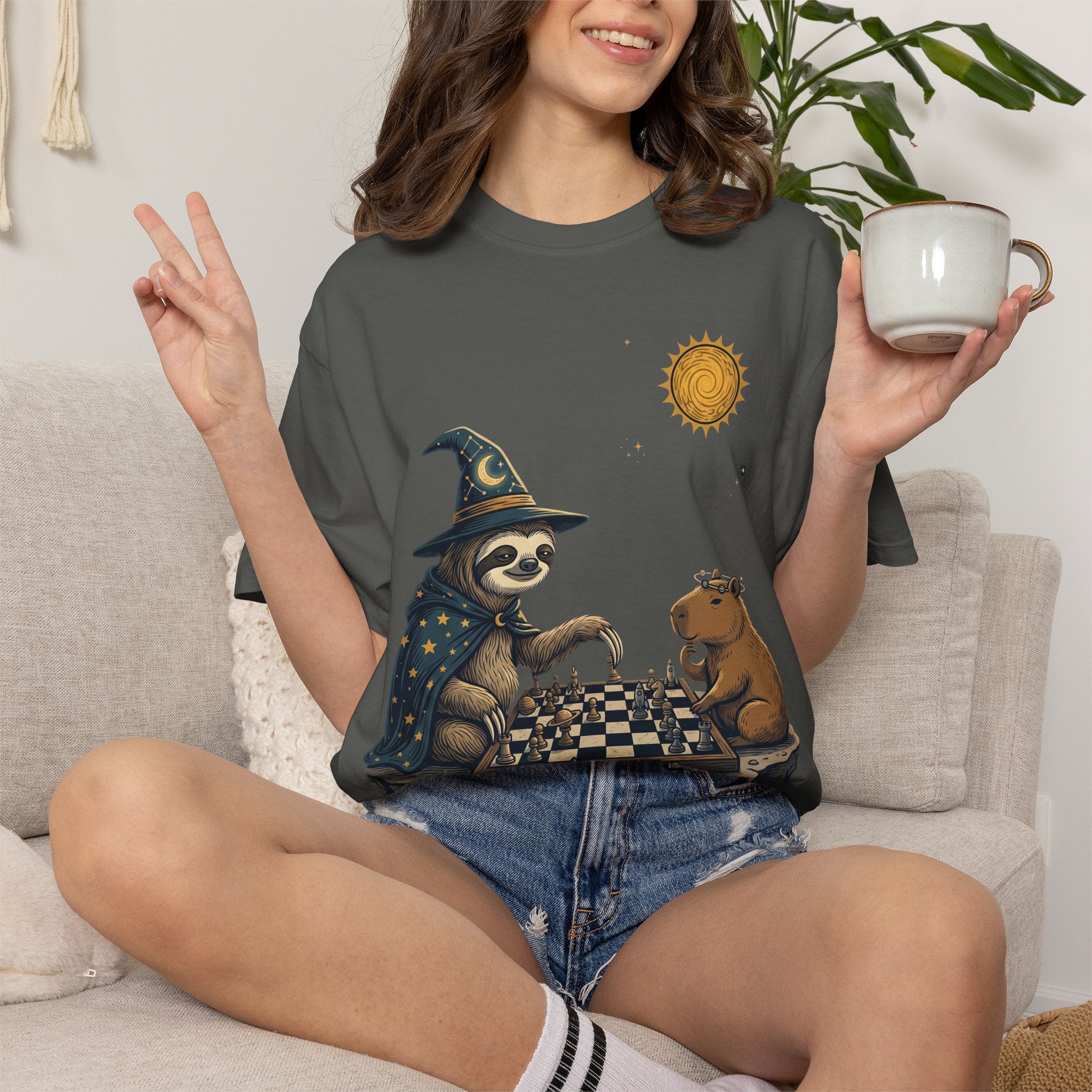 Wizard Sloth vs. Capybara Chess T-Shirt — Cute Fantasy Animal Game Tee