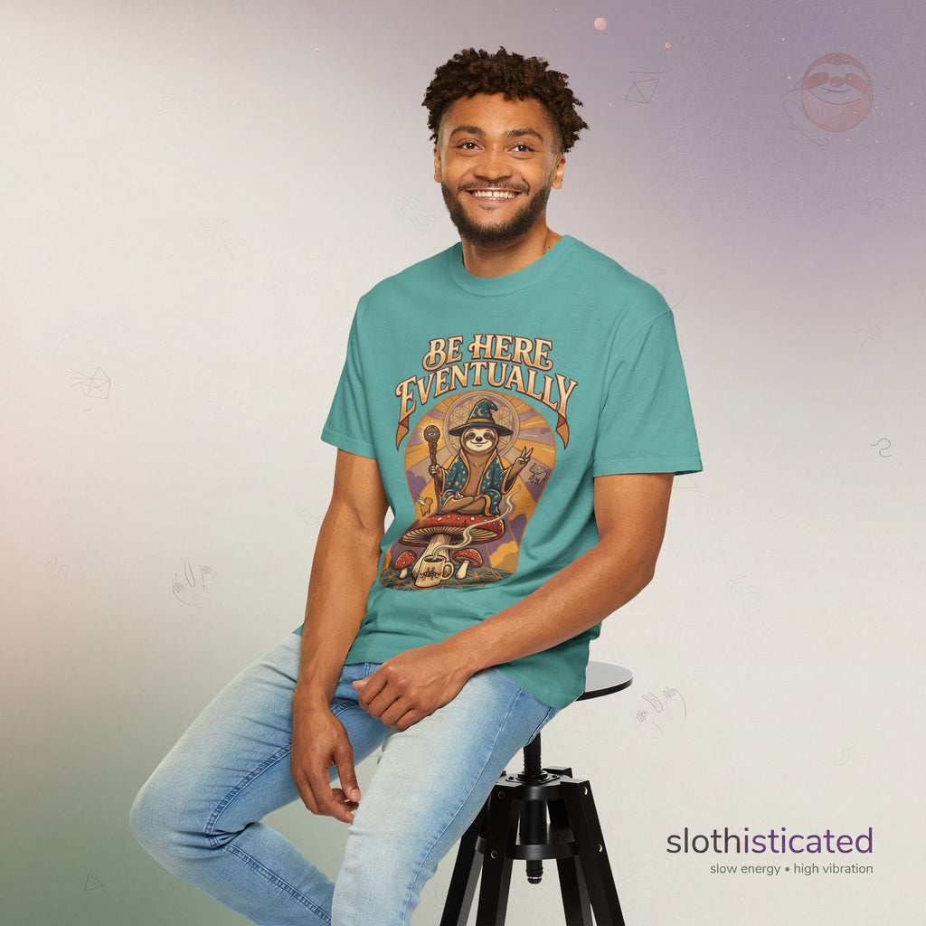 Be Here Eventually Sloth Graphic T-Shirt — Retro Meditation Tee