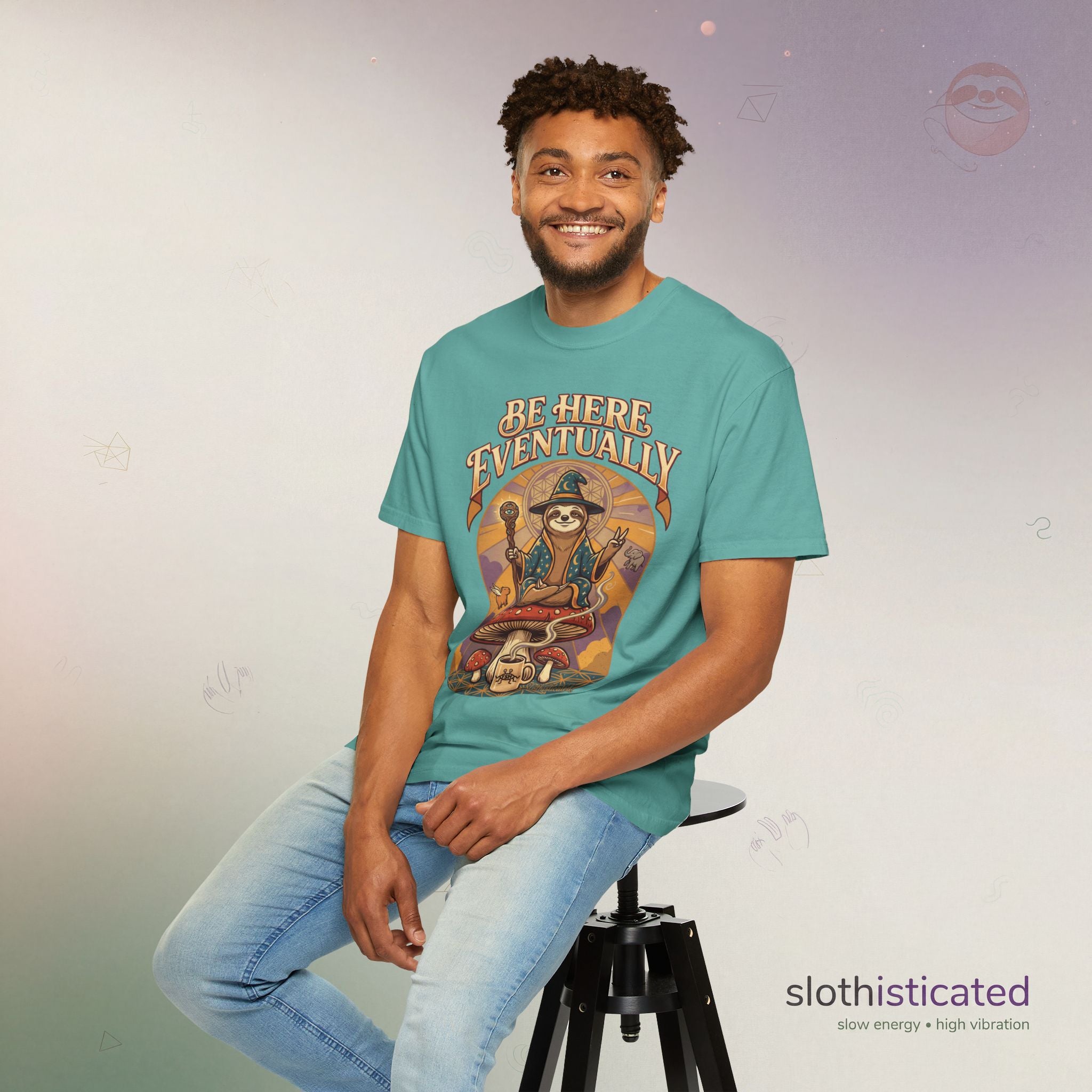 Be Here Eventually Sloth Graphic T-Shirt — Retro Meditation Tee