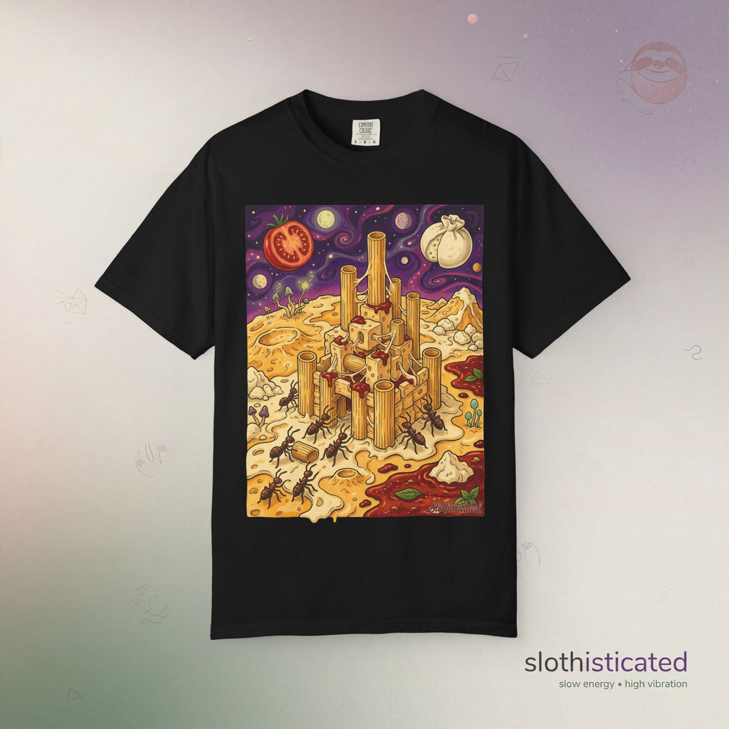 The Pasta Citadel — Funny Pasta Castle Tee · Surreal Foodie Art