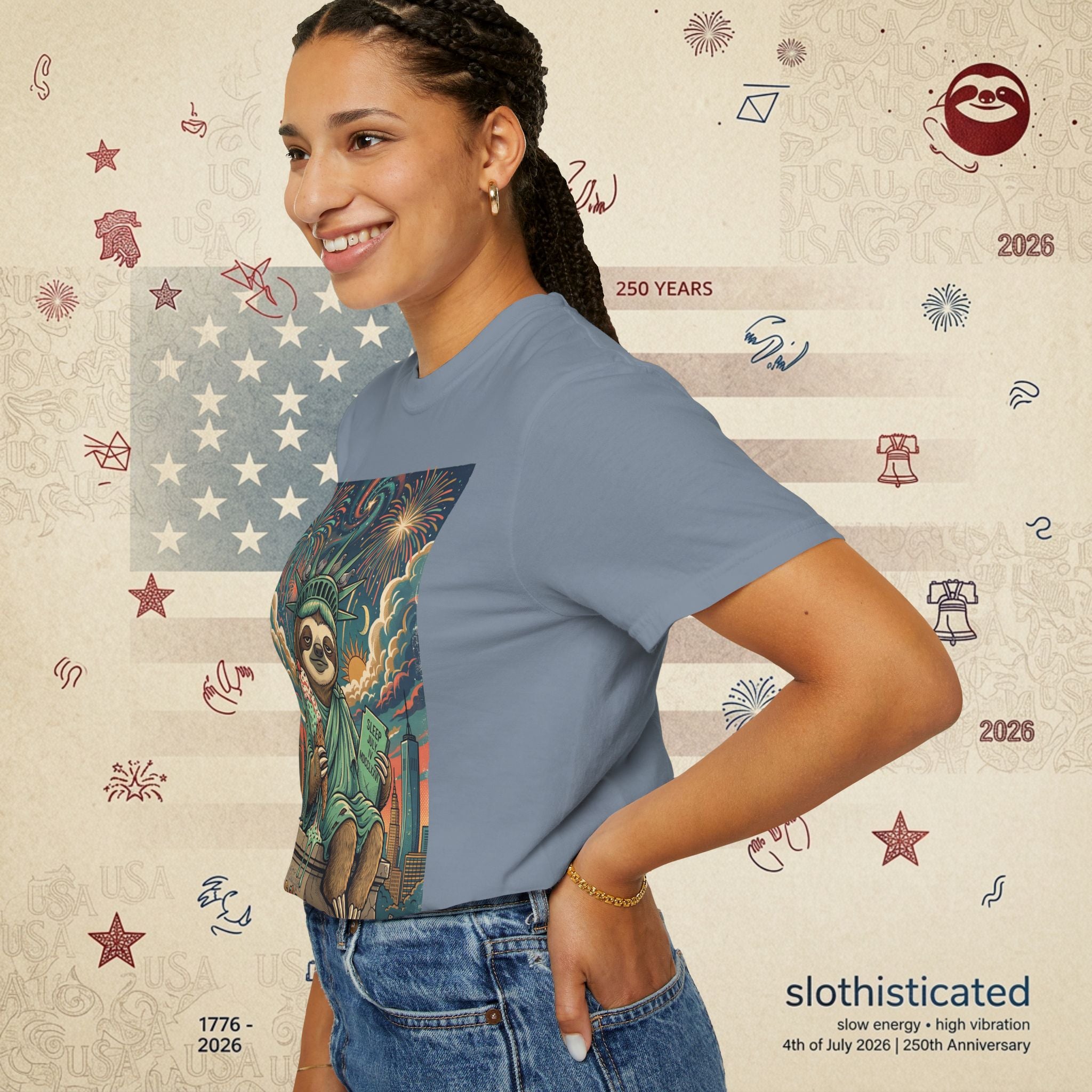 The Colossus — Liberty Sloth Statue Fireworks T-Shirt