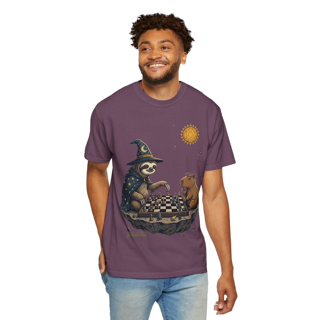 Wizard Sloth vs. Capybara Chess T-Shirt — Cute Fantasy Animal Game Tee