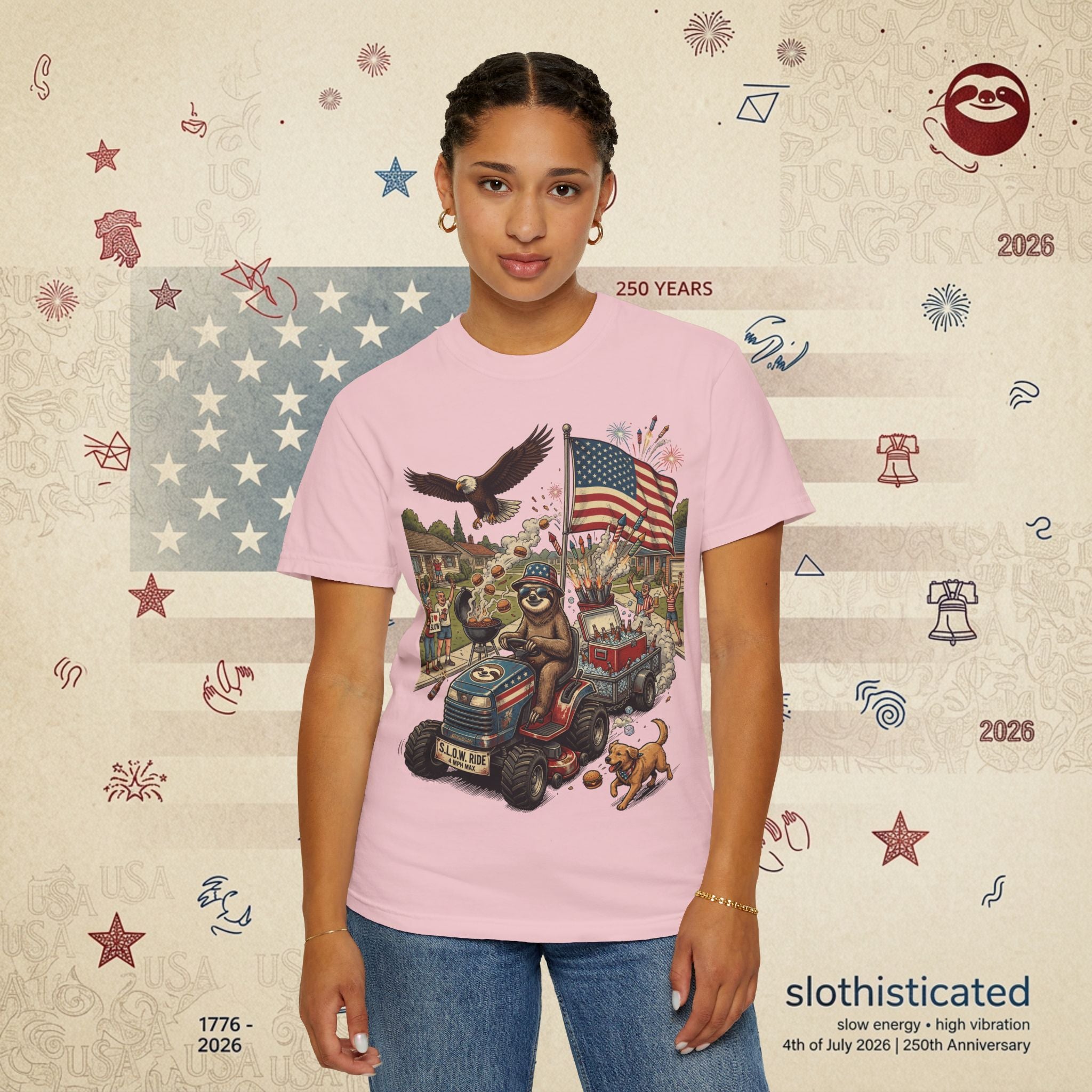 The Slow Ride — Sloth Riding Mower Americana T-Shirt