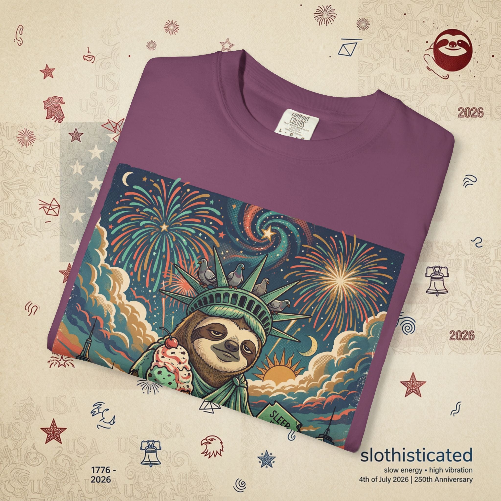 The Colossus — Liberty Sloth Statue Fireworks T-Shirt