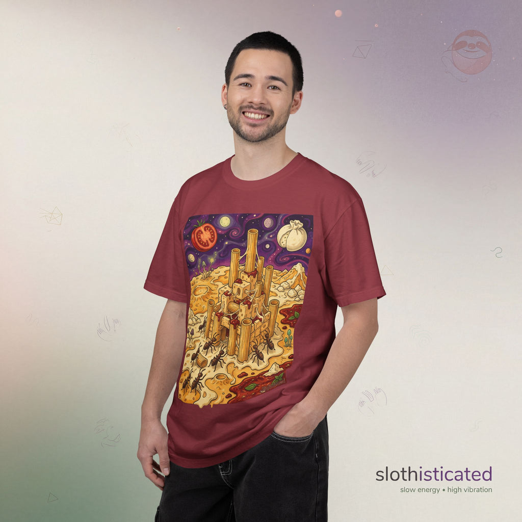 The Pasta Citadel — Funny Pasta Castle Tee · Surreal Foodie Art