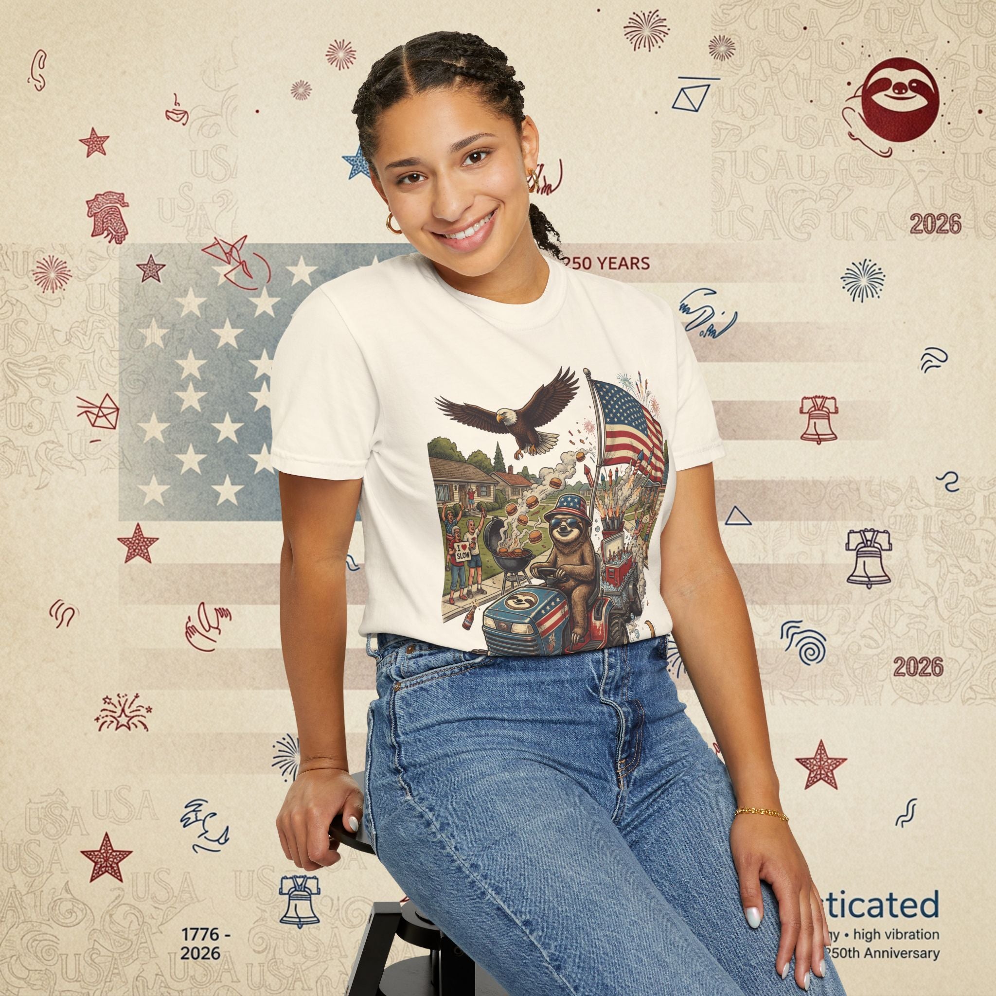 The Slow Ride — Sloth Riding Mower Americana T-Shirt