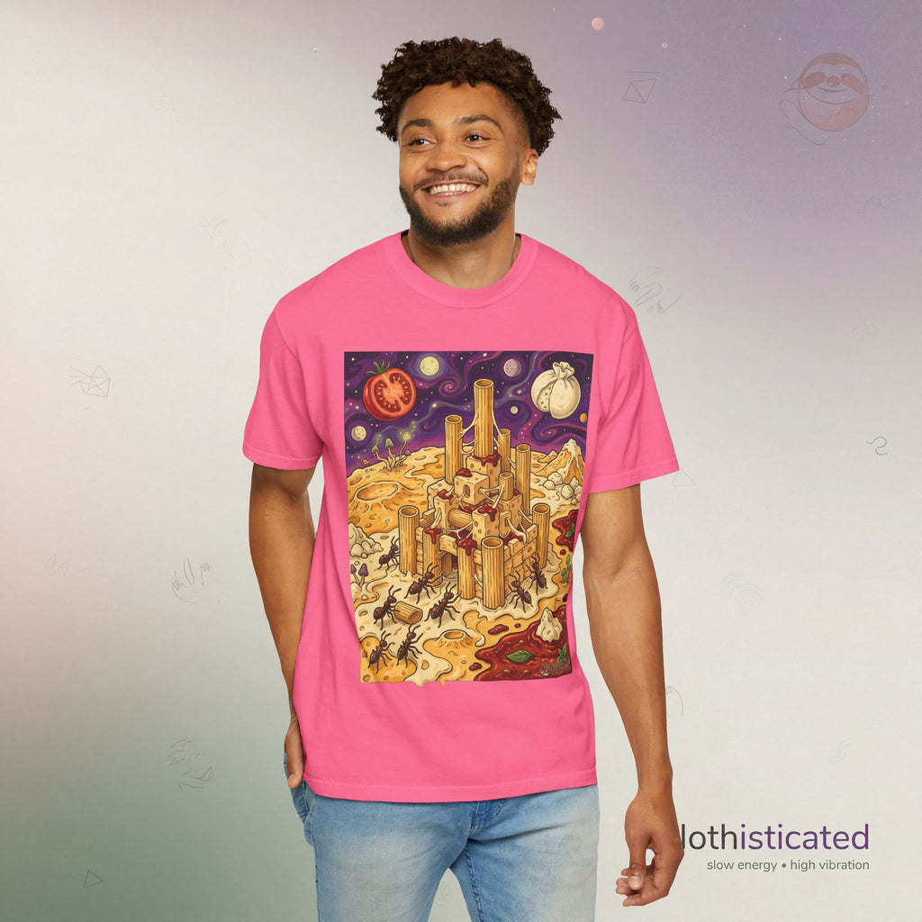 The Pasta Citadel — Funny Pasta Castle Tee · Surreal Foodie Art