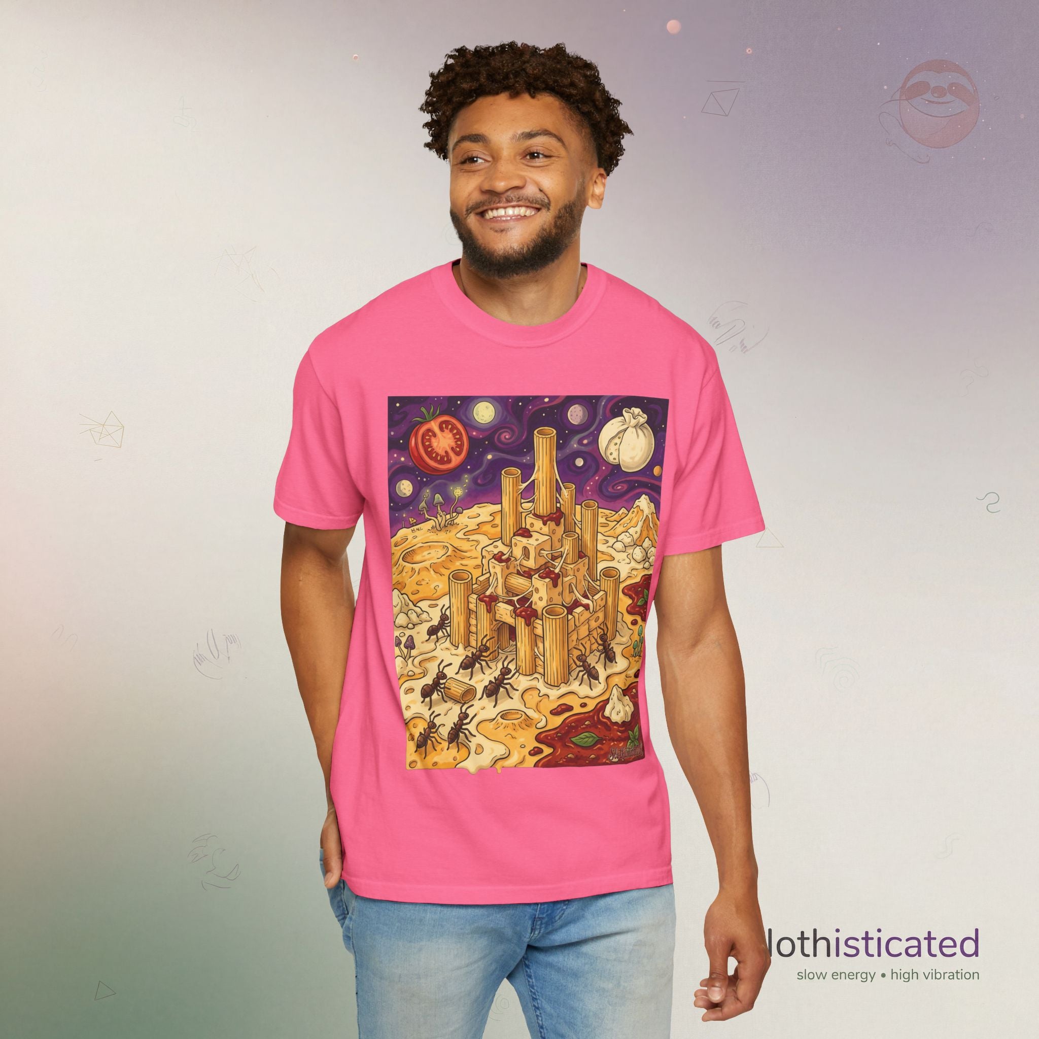 The Pasta Citadel — Funny Pasta Castle Tee · Surreal Foodie Art