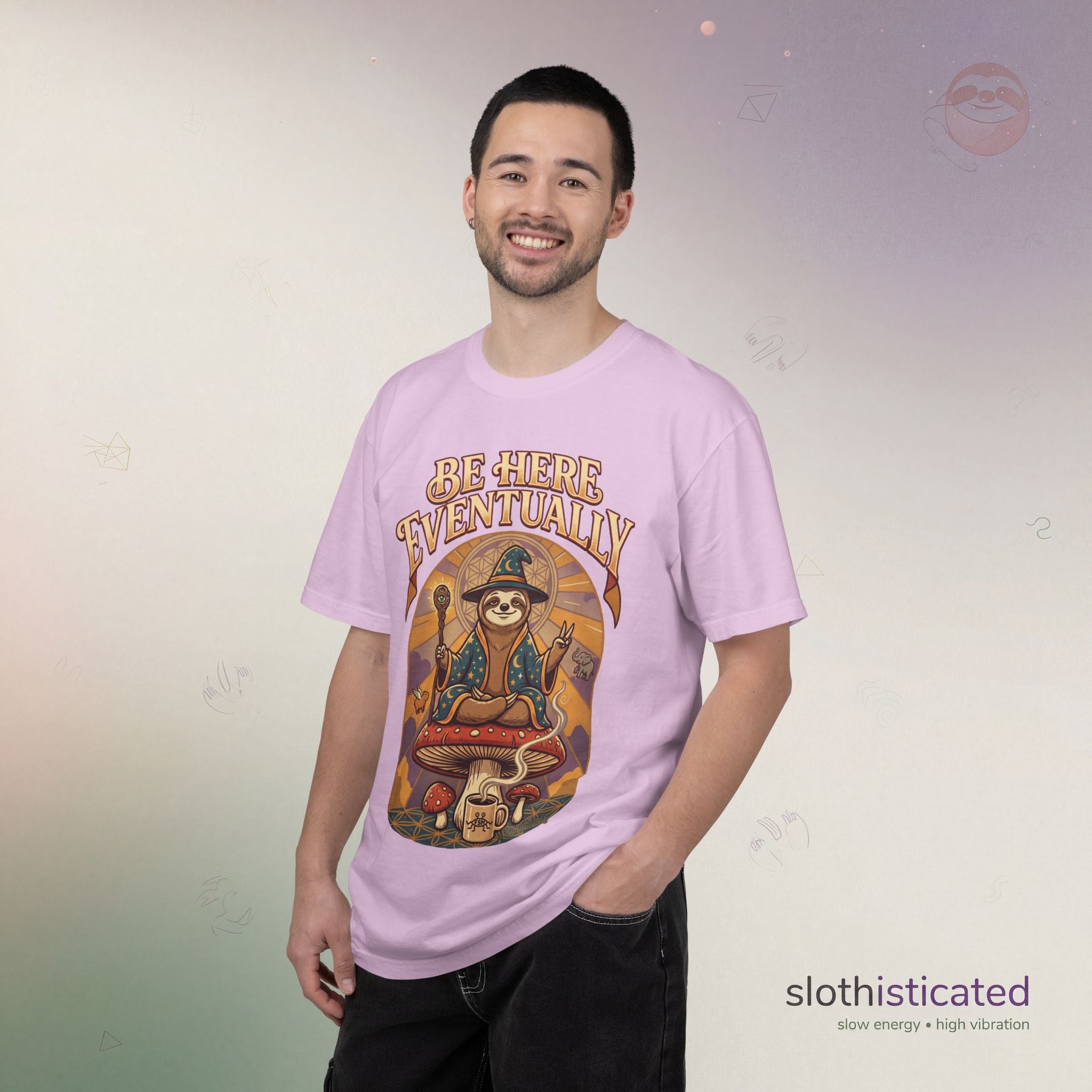 Be Here Eventually Sloth Graphic T-Shirt — Retro Meditation Tee