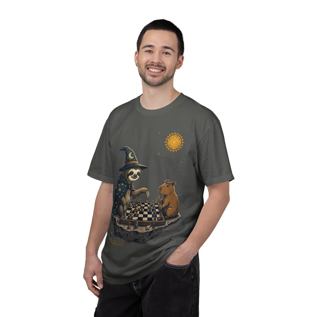 Wizard Sloth vs. Capybara Chess T-Shirt — Cute Fantasy Animal Game Tee