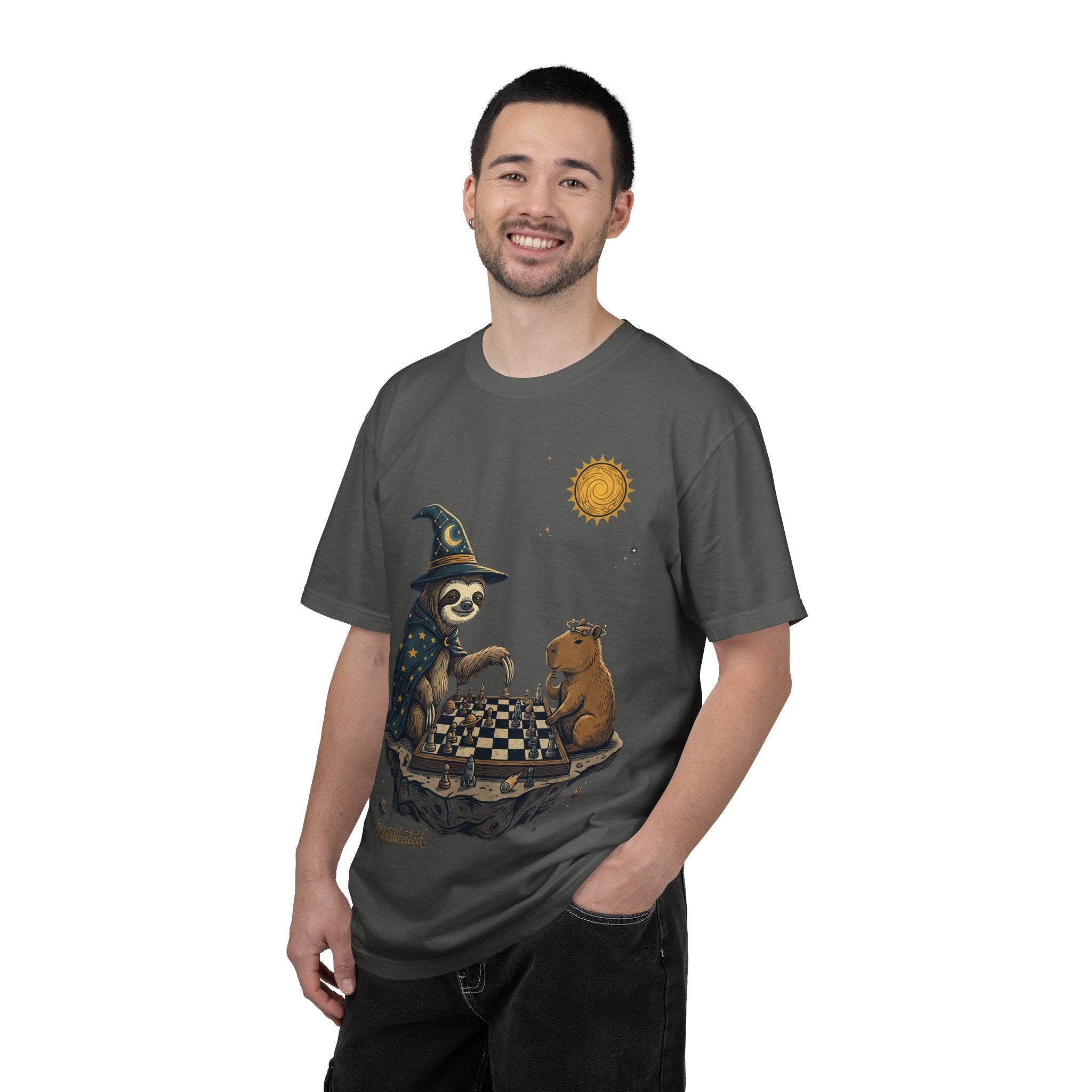 Wizard Sloth vs. Capybara Chess T-Shirt — Cute Fantasy Animal Game Tee
