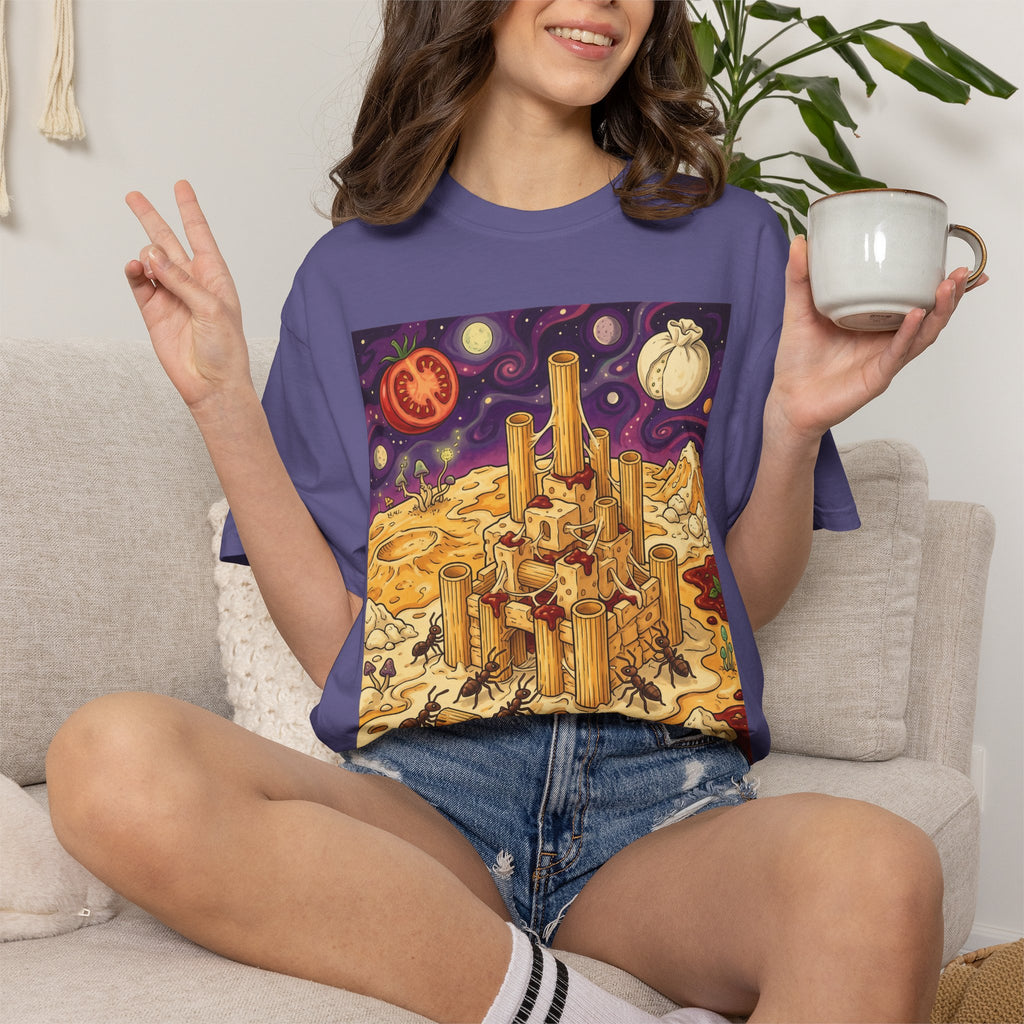 The Pasta Citadel — Funny Pasta Castle Tee · Surreal Foodie Art