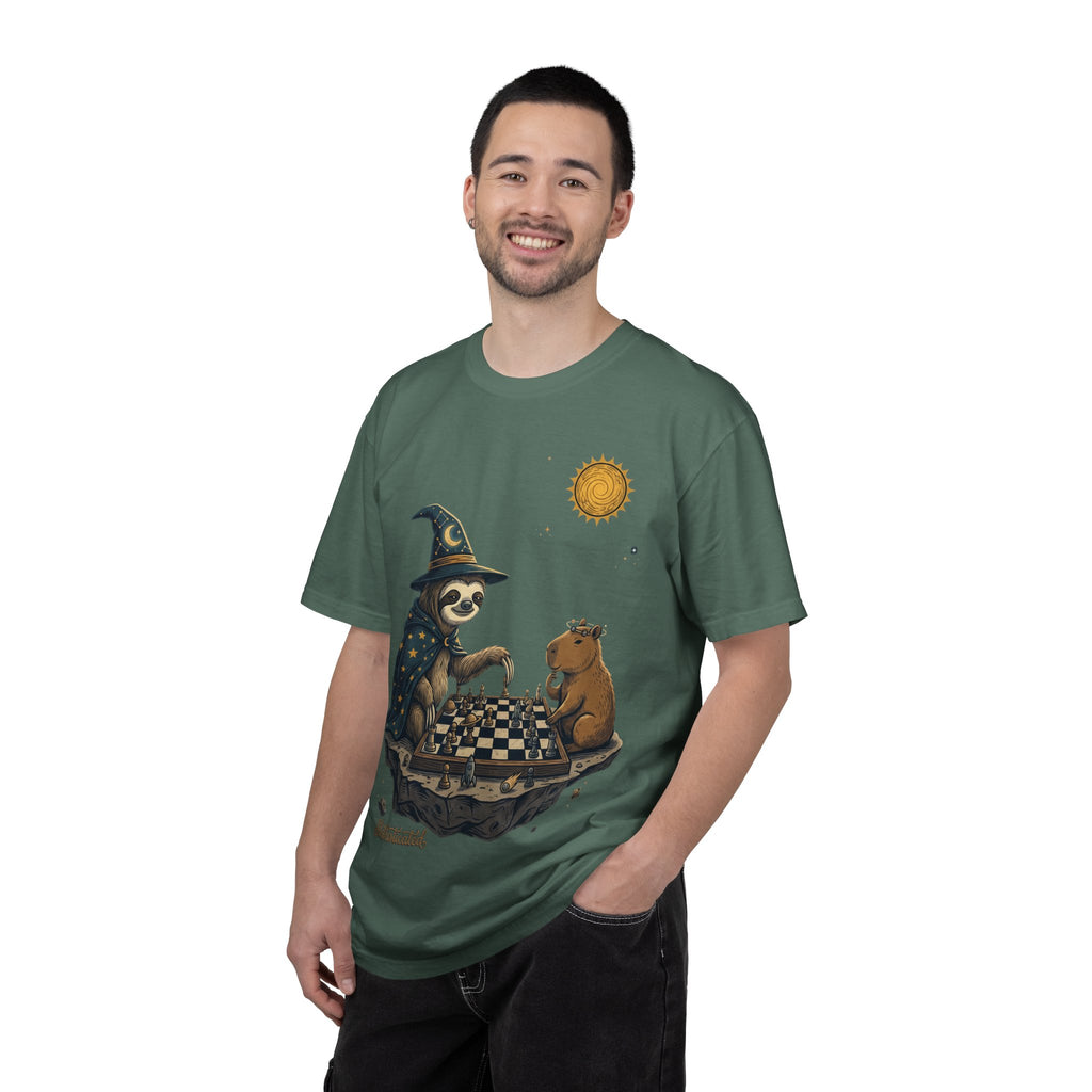 Wizard Sloth vs. Capybara Chess T-Shirt — Cute Fantasy Animal Game Tee