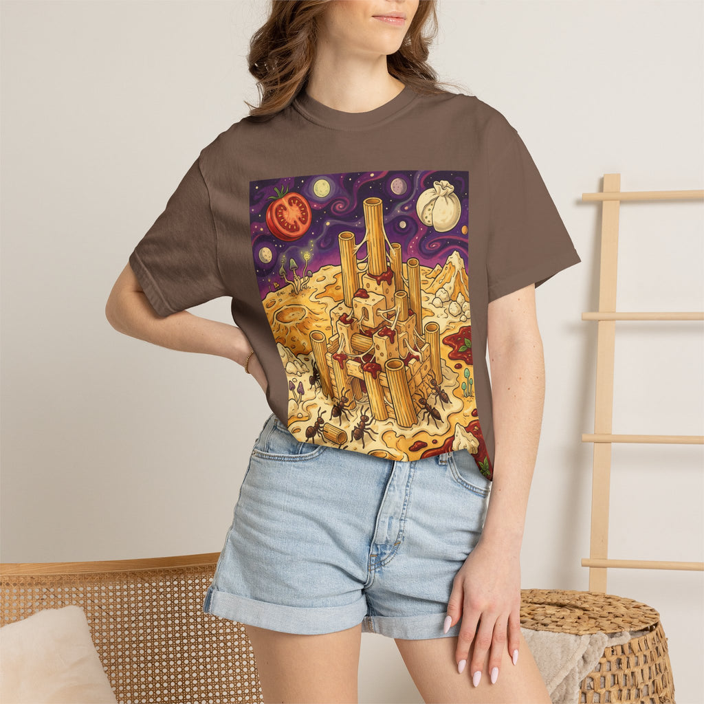 The Pasta Citadel — Funny Pasta Castle Tee · Surreal Foodie Art