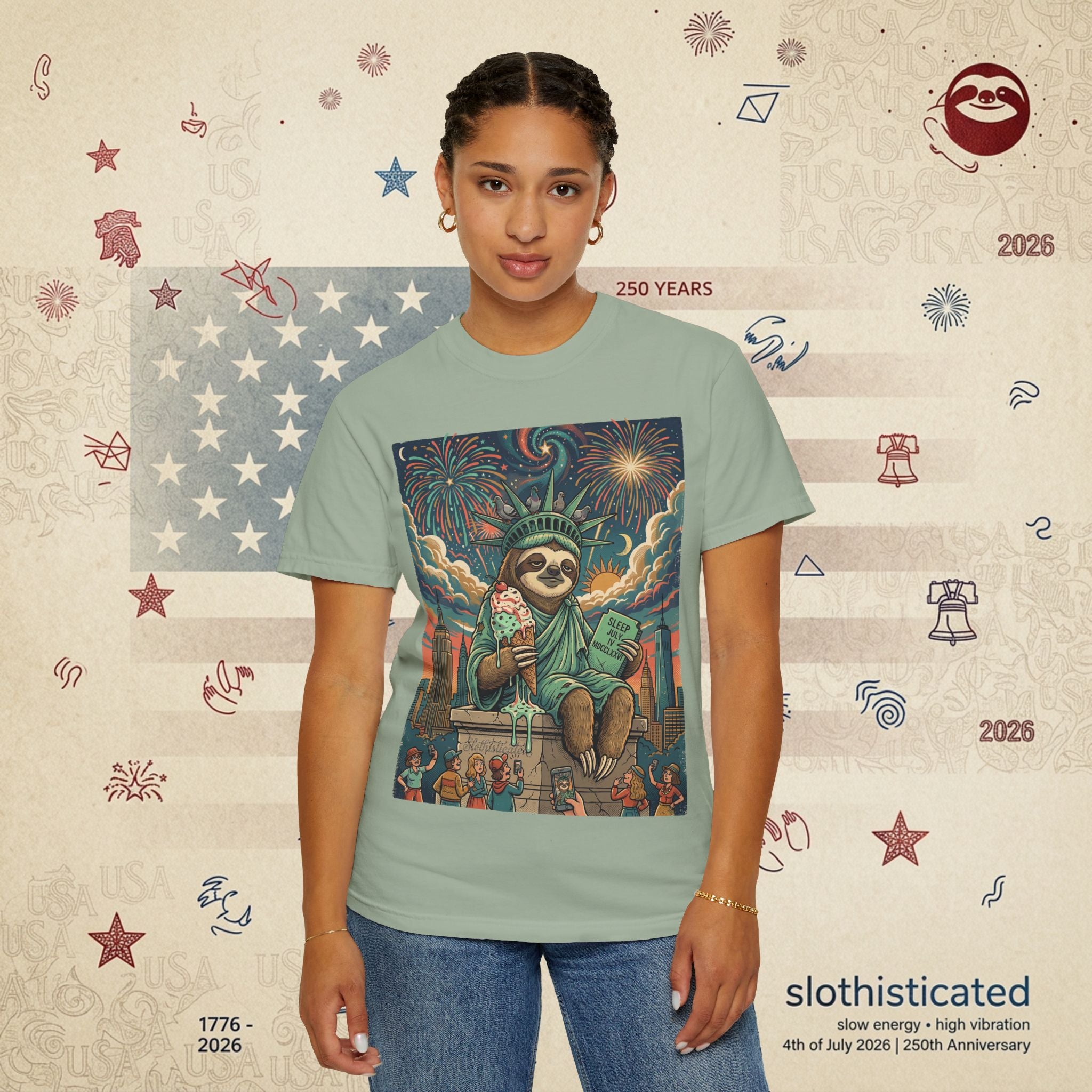 The Colossus — Liberty Sloth Statue Fireworks T-Shirt