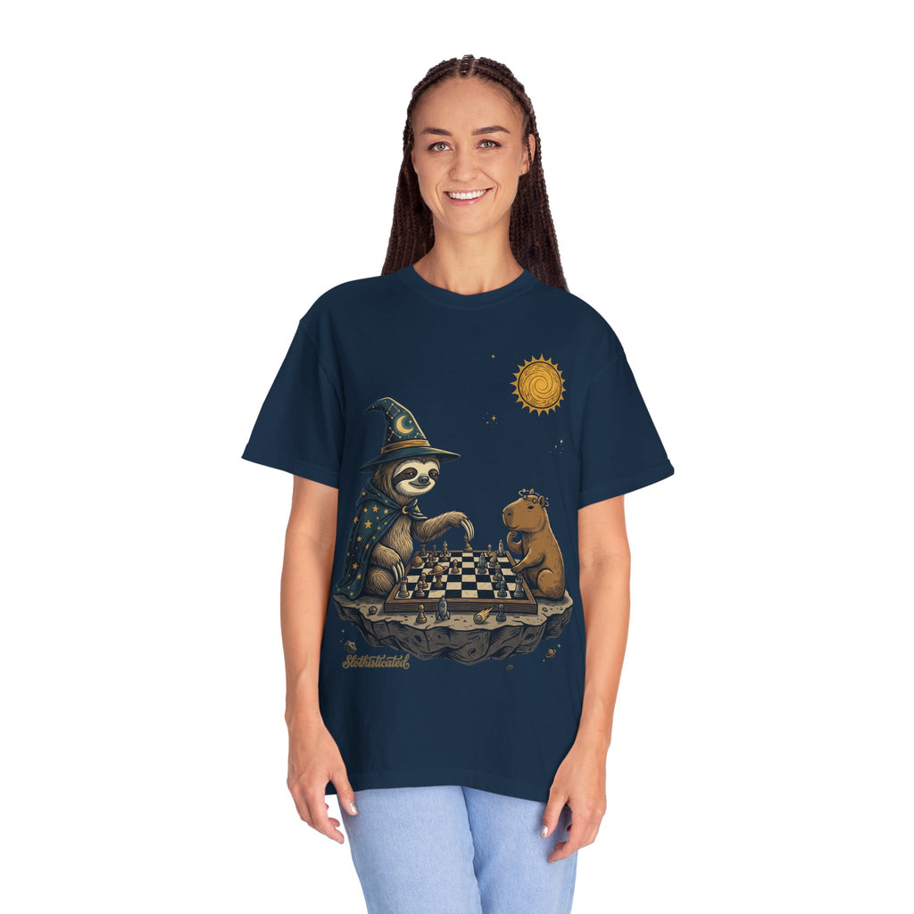 Wizard Sloth vs. Capybara Chess T-Shirt — Cute Fantasy Animal Game Tee
