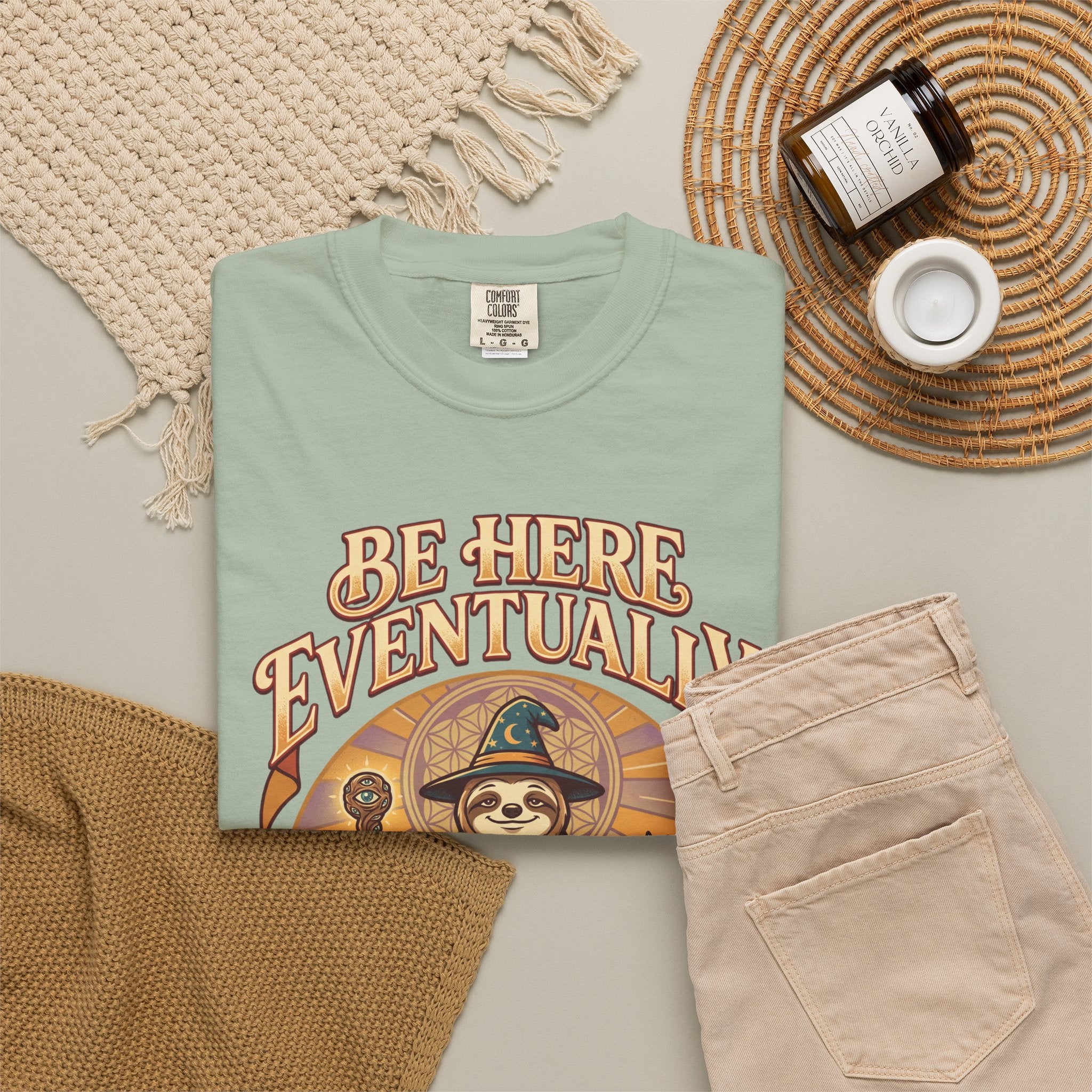 Be Here Eventually Sloth Graphic T-Shirt — Retro Meditation Tee