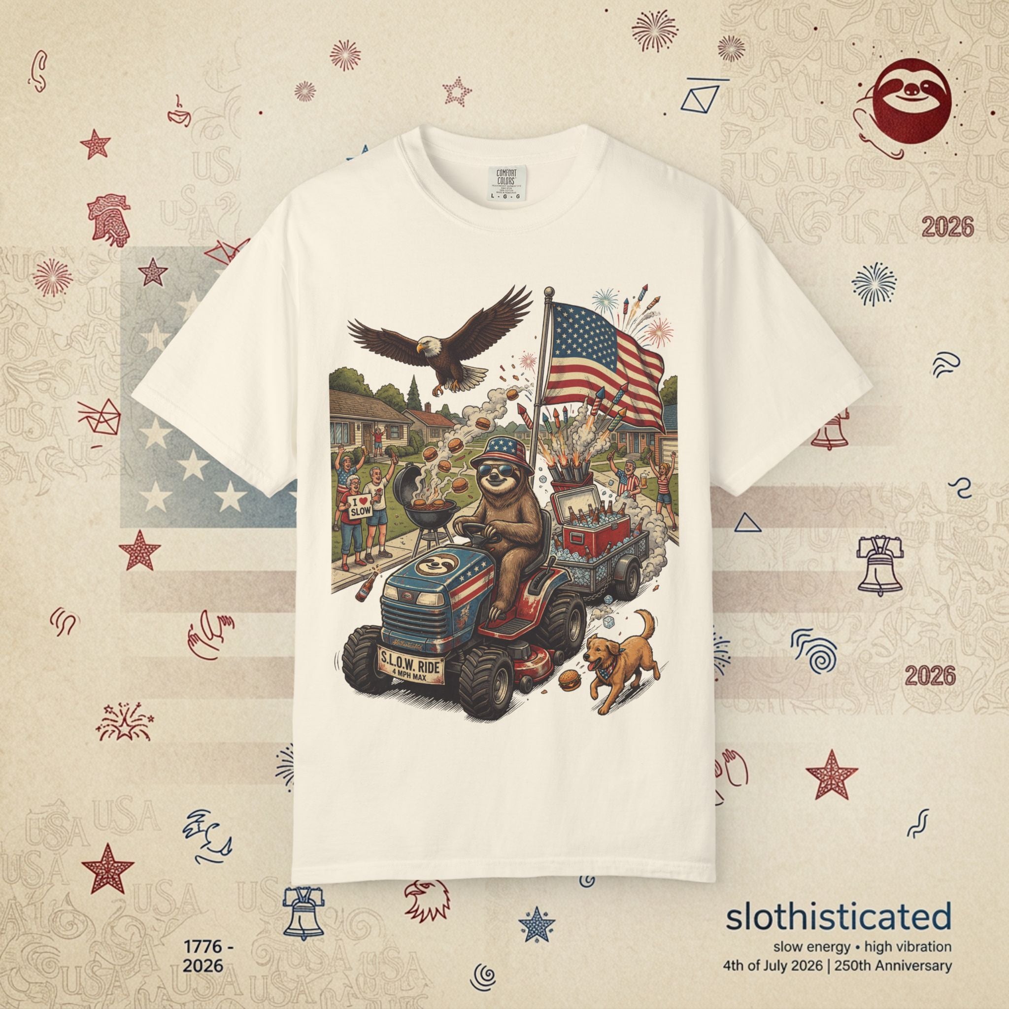 The Slow Ride — Sloth Riding Mower Americana T-Shirt