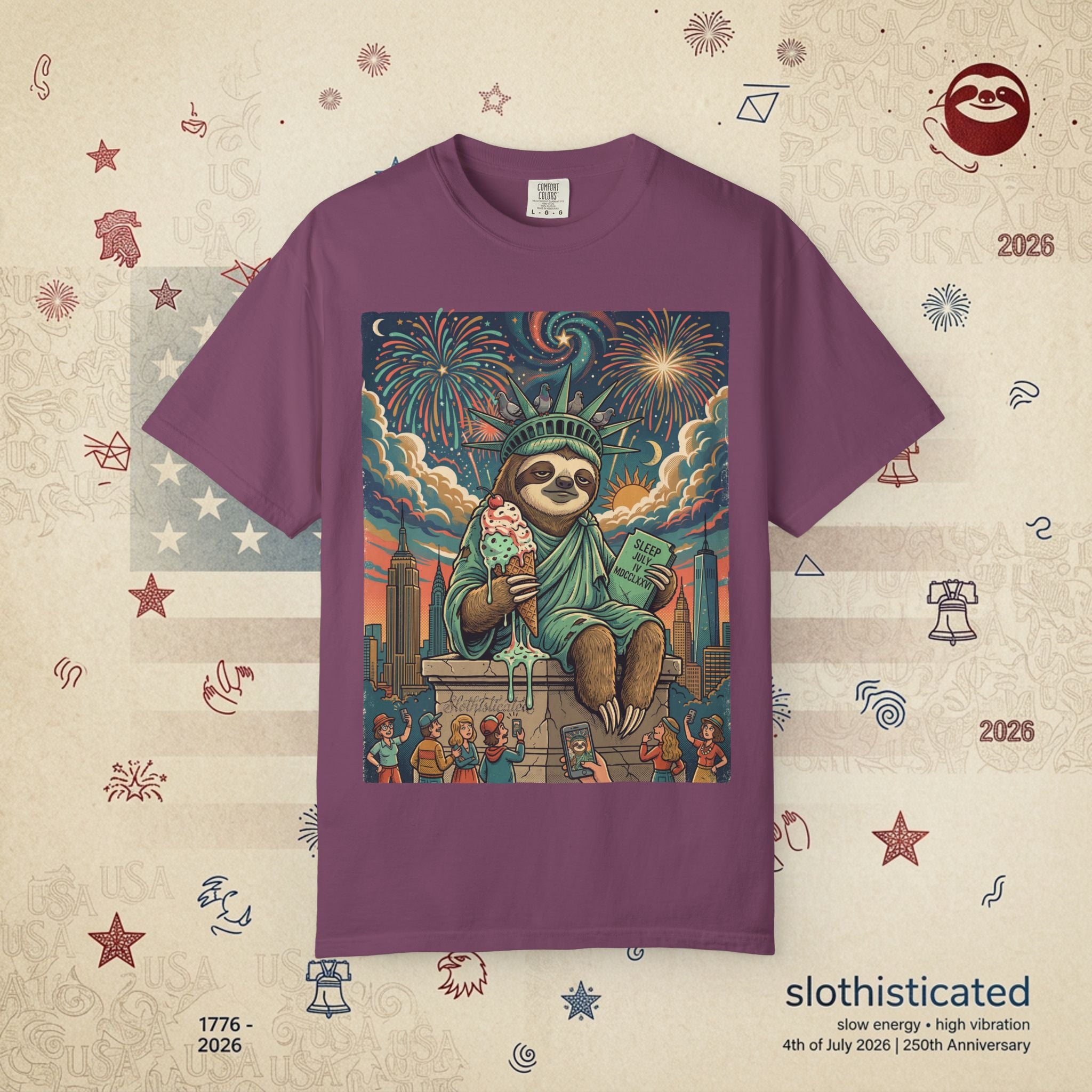 The Colossus — Liberty Sloth Statue Fireworks T-Shirt