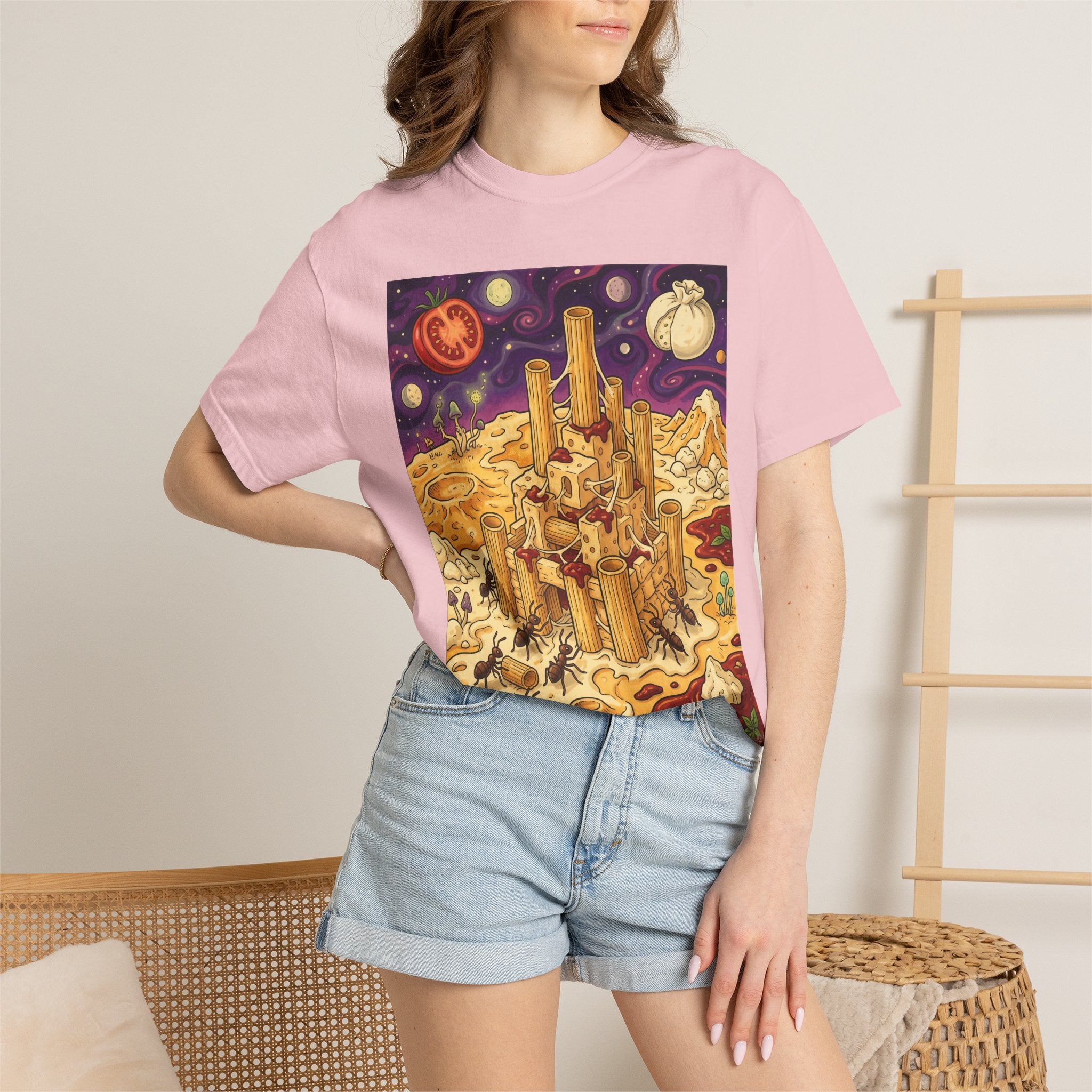 The Pasta Citadel — Funny Pasta Castle Tee · Surreal Foodie Art