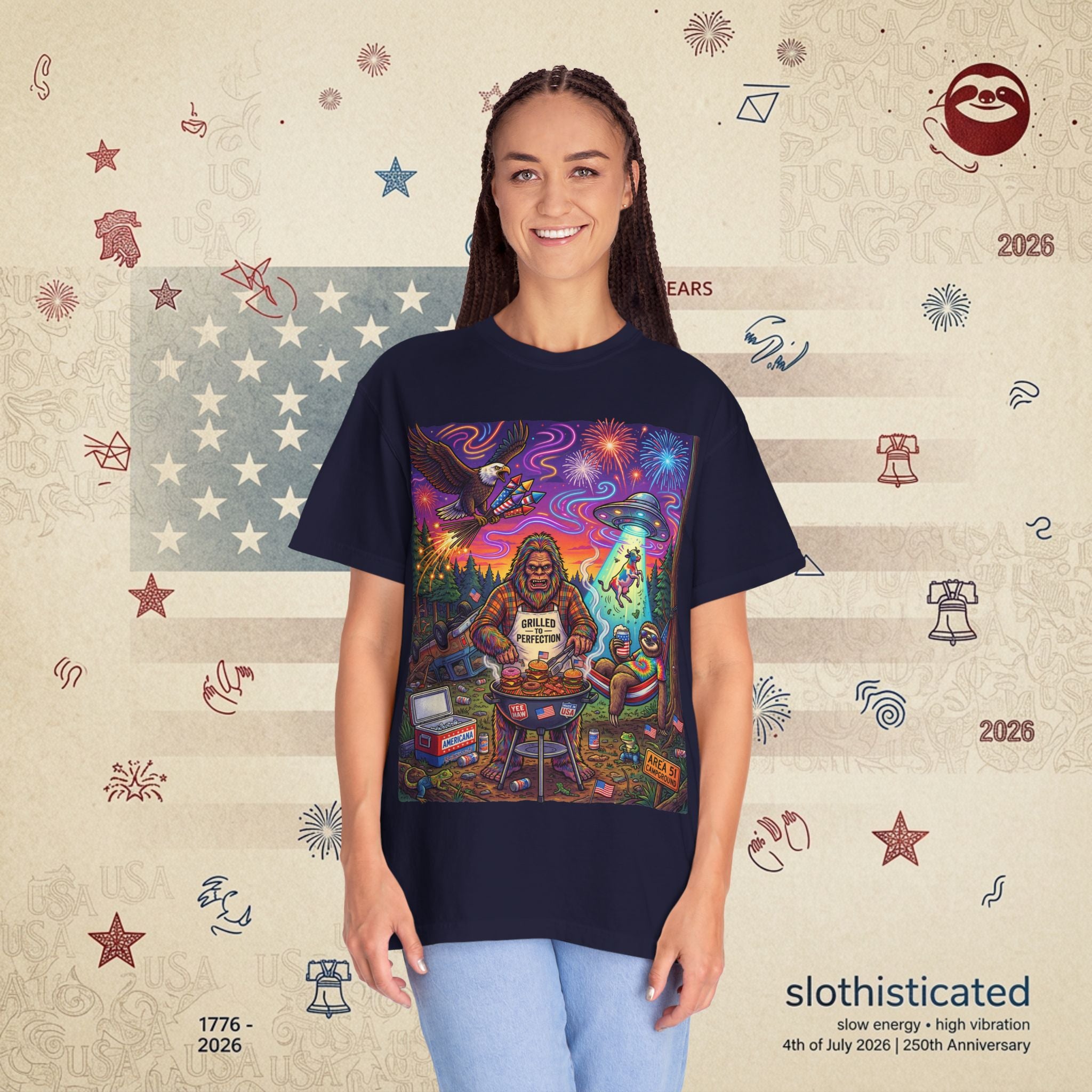The Visitation — Psychedelic Sasquatch 4th of July BBQ UFO T-Shirt