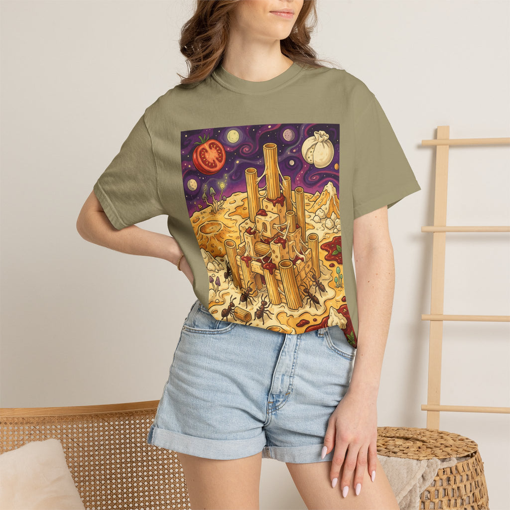 The Pasta Citadel — Funny Pasta Castle Tee · Surreal Foodie Art