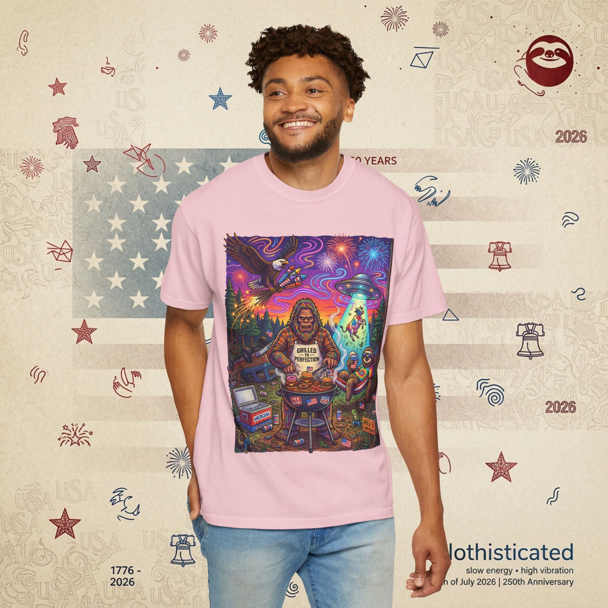 The Visitation — Psychedelic Sasquatch 4th of July BBQ UFO T-Shirt