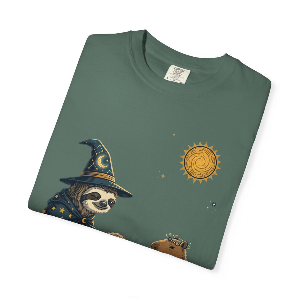 Wizard Sloth vs. Capybara Chess T-Shirt — Cute Fantasy Animal Game Tee