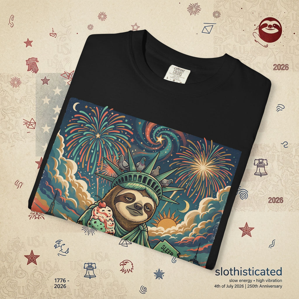 The Colossus — Liberty Sloth Statue Fireworks T-Shirt