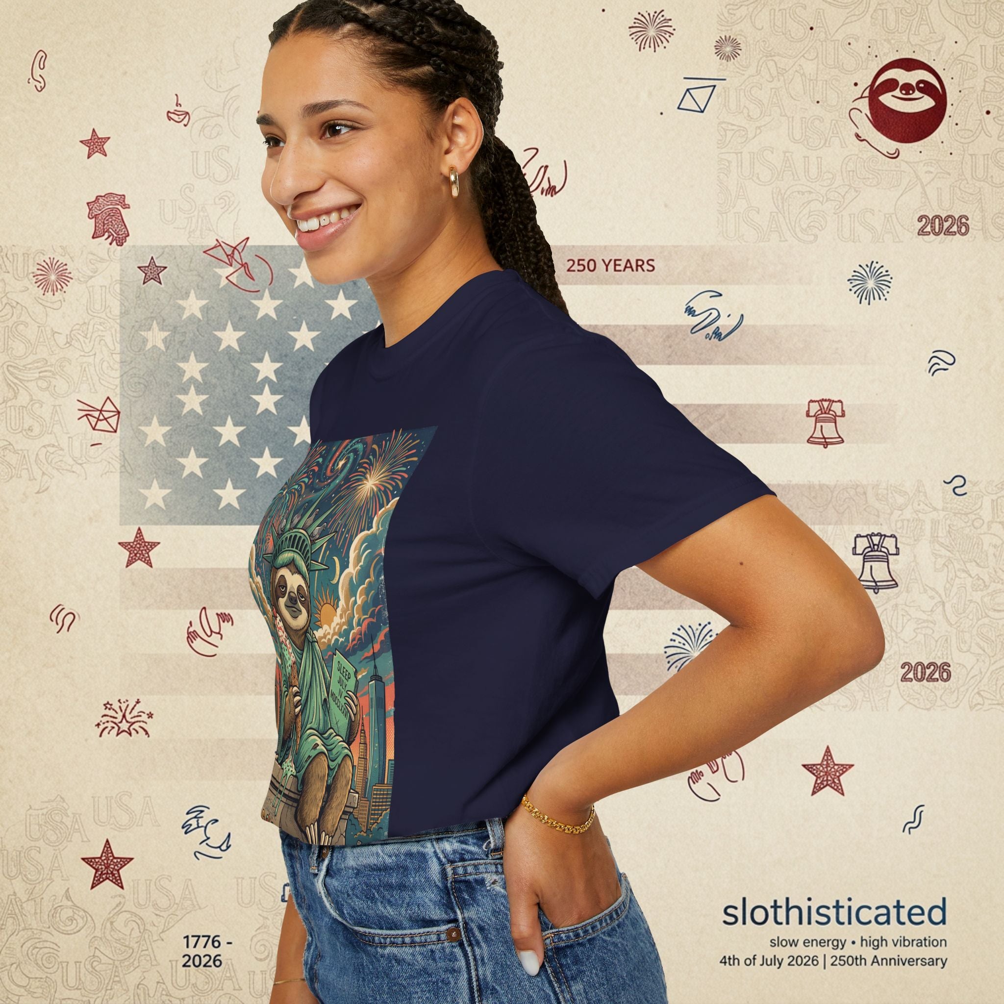 The Colossus — Liberty Sloth Statue Fireworks T-Shirt