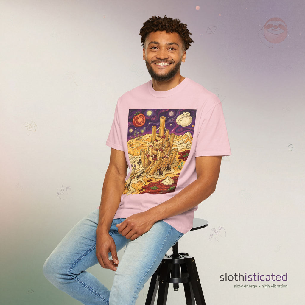 The Pasta Citadel — Funny Pasta Castle Tee · Surreal Foodie Art