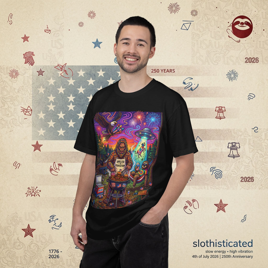 The Visitation — Psychedelic Sasquatch 4th of July BBQ UFO T-Shirt
