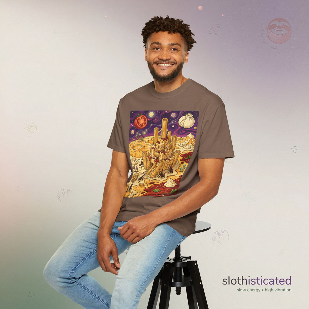 The Pasta Citadel — Funny Pasta Castle Tee · Surreal Foodie Art