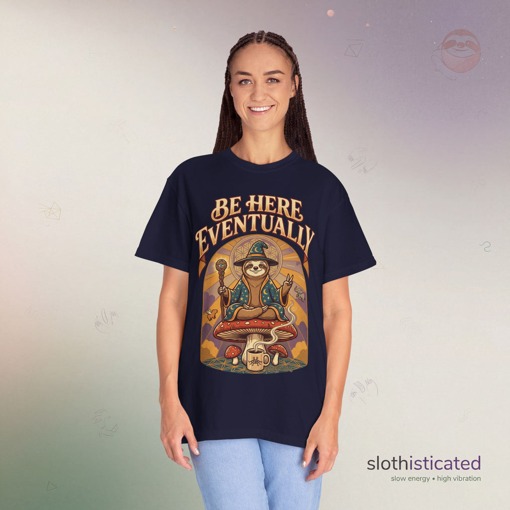 Be Here Eventually Sloth Graphic T-Shirt — Retro Meditation Tee