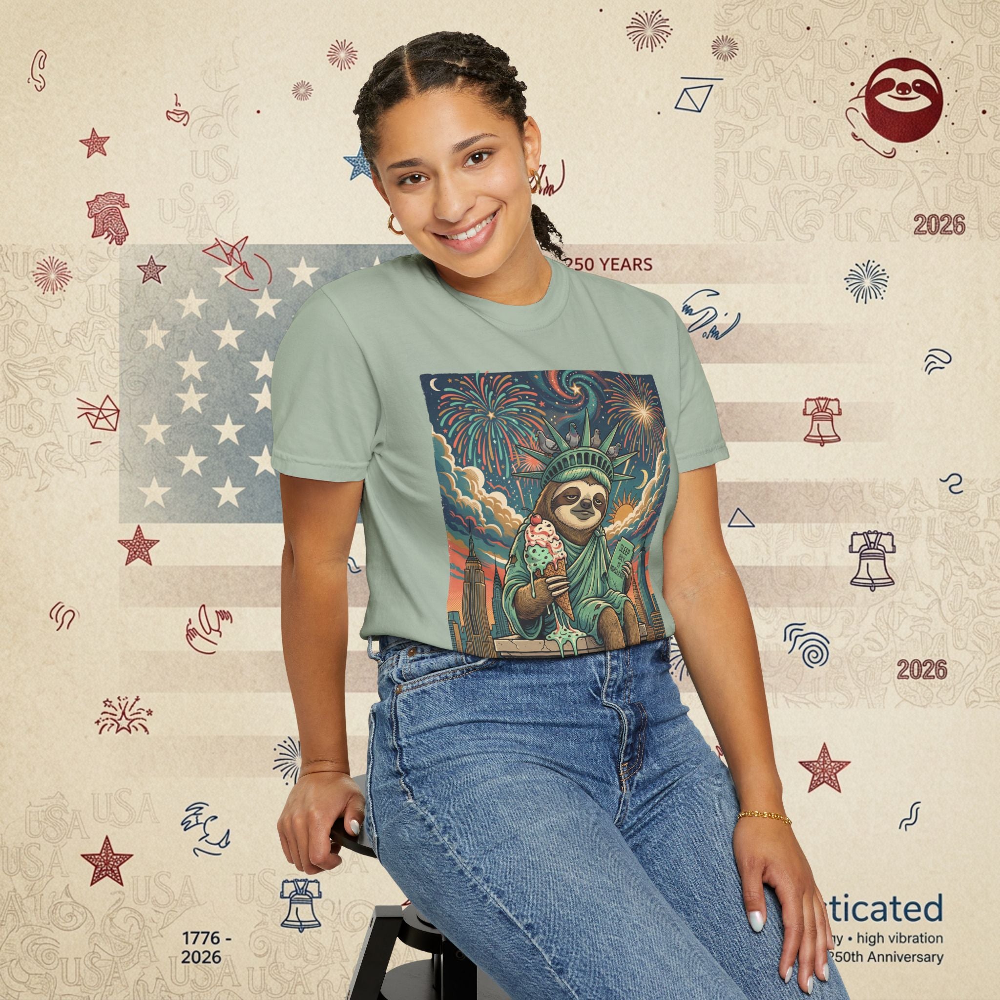 The Colossus — Liberty Sloth Statue Fireworks T-Shirt
