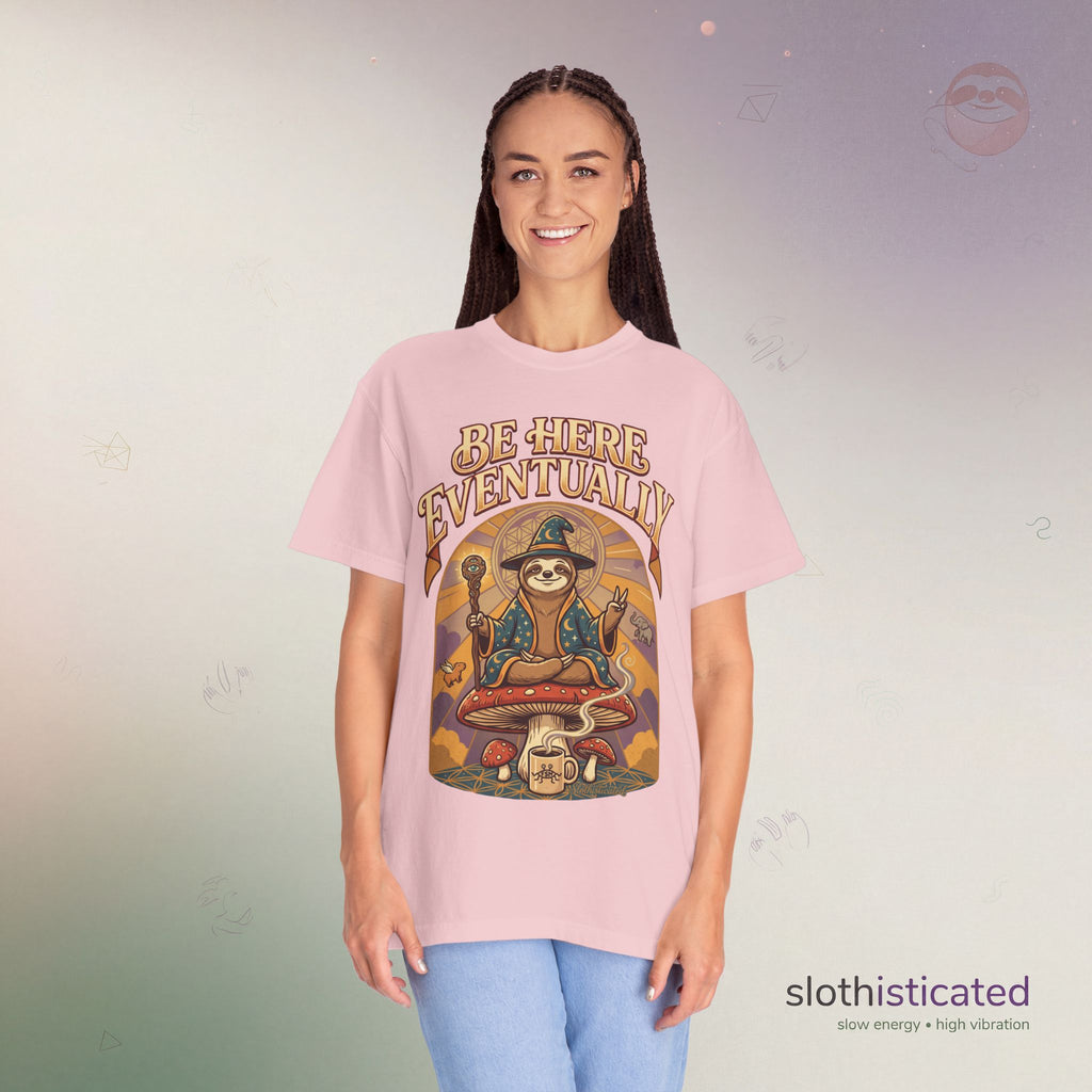 Be Here Eventually Sloth Graphic T-Shirt — Retro Meditation Tee
