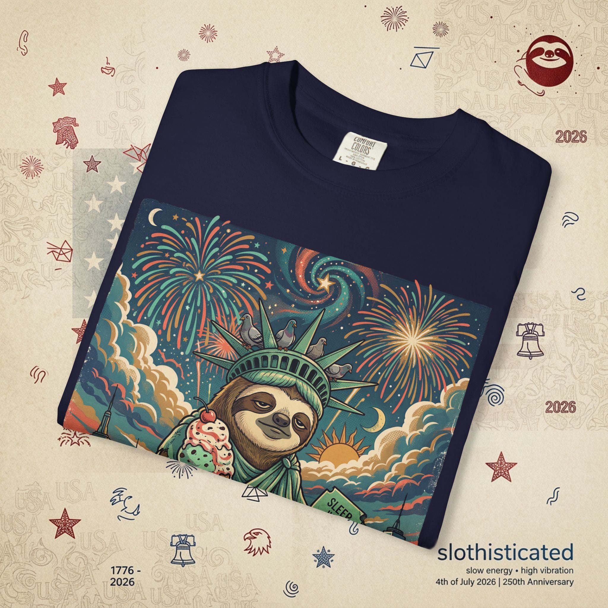 The Colossus — Liberty Sloth Statue Fireworks T-Shirt